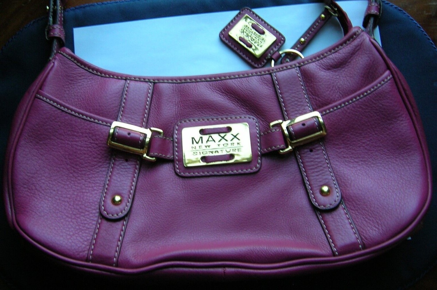 MAXX New York Signature Handbag/Purse Leather Baguette Shoulder Dark Magenta