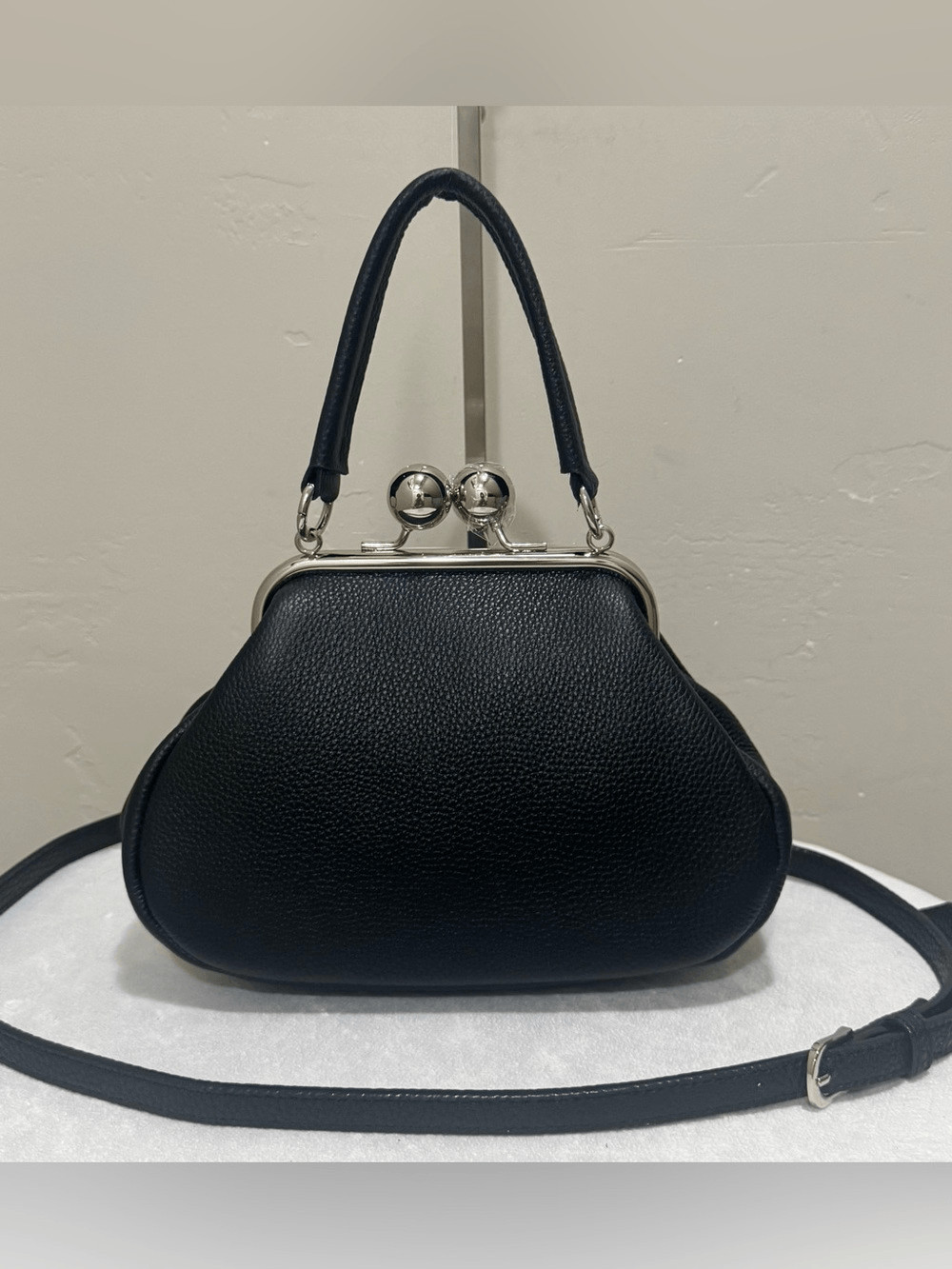 Black Togo Cowhide Calfskin Handmade Kisslock Frame Bag, Multi Use Style