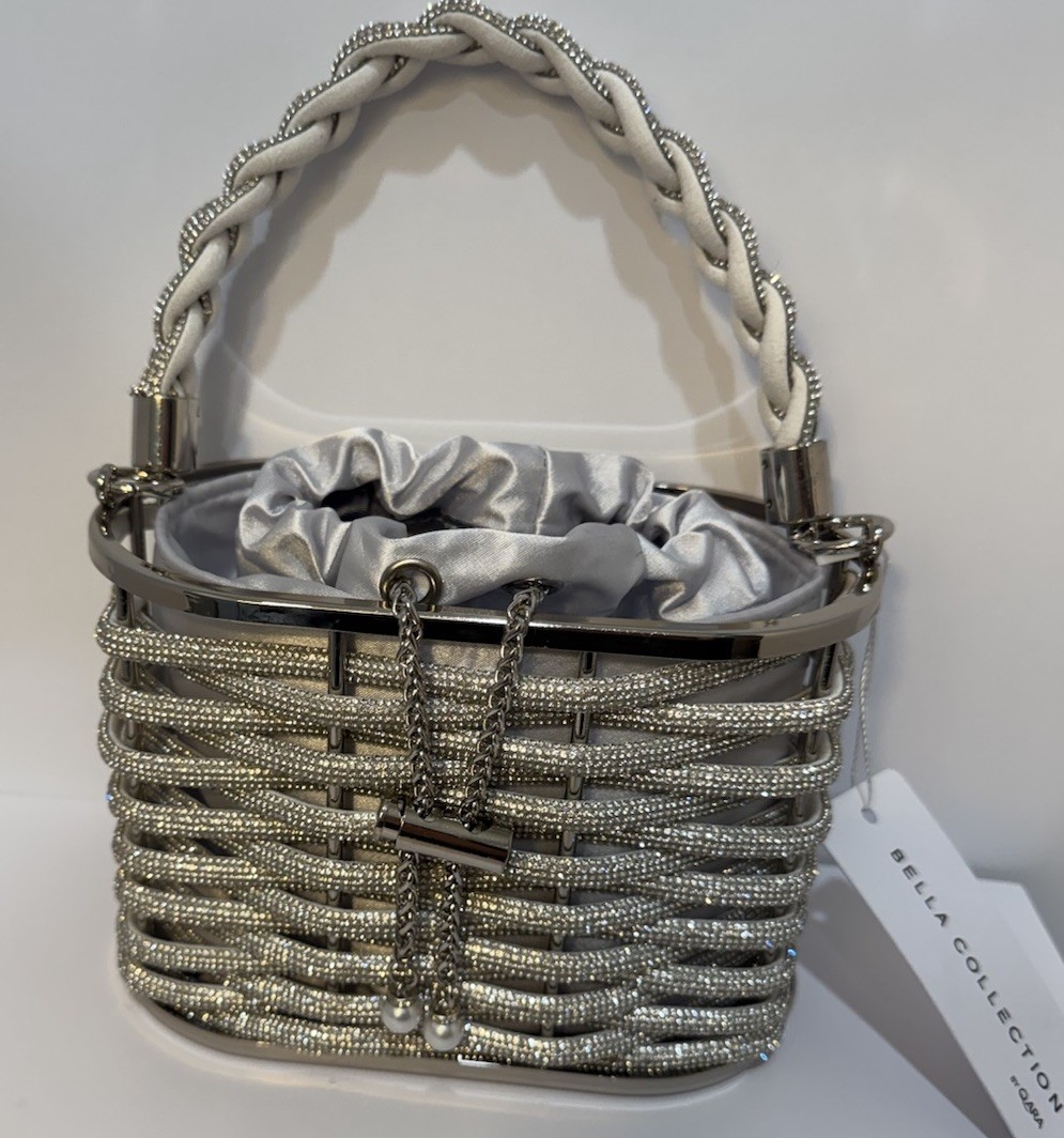 Bella Collection Silver Metallic Beaded Top Handle Bag Drawstring Chain Strap