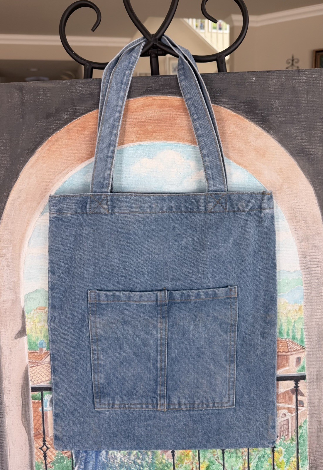 Handcrafted Knitted Flowers Butterfly Painted Denim Tote Shoulder Bag for Women