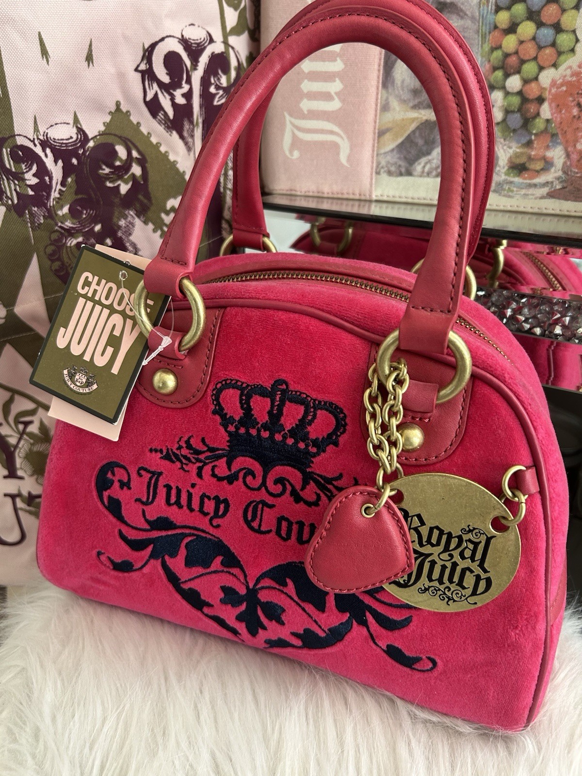 RARE NWT Vintage 2010 Juicy Couture Vivid Hot Pink Velour Navy Crown Bowler Bag