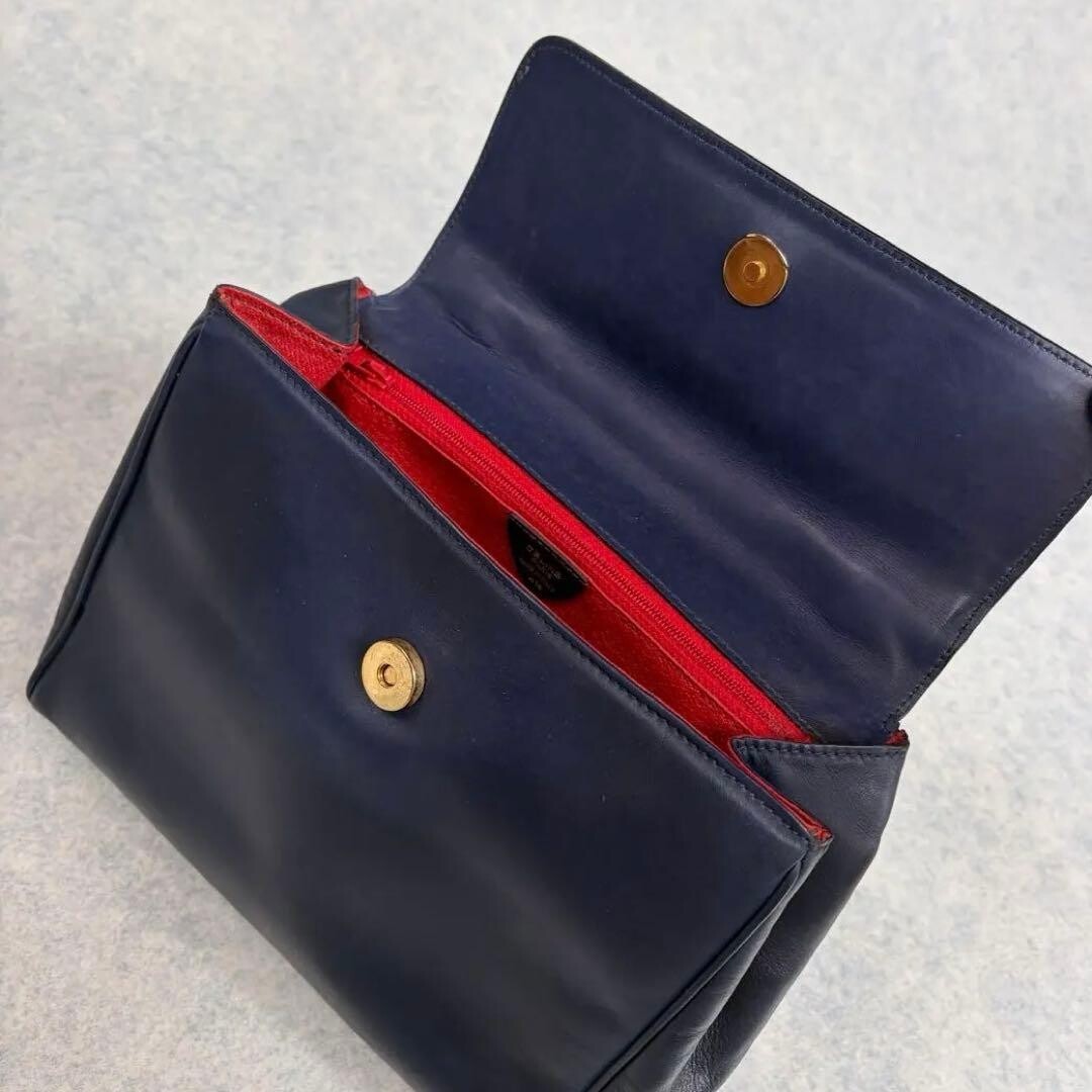 CELINE Navy Leather Top Handle Handbag Gold Circle Logo Y2K Self Standing 73