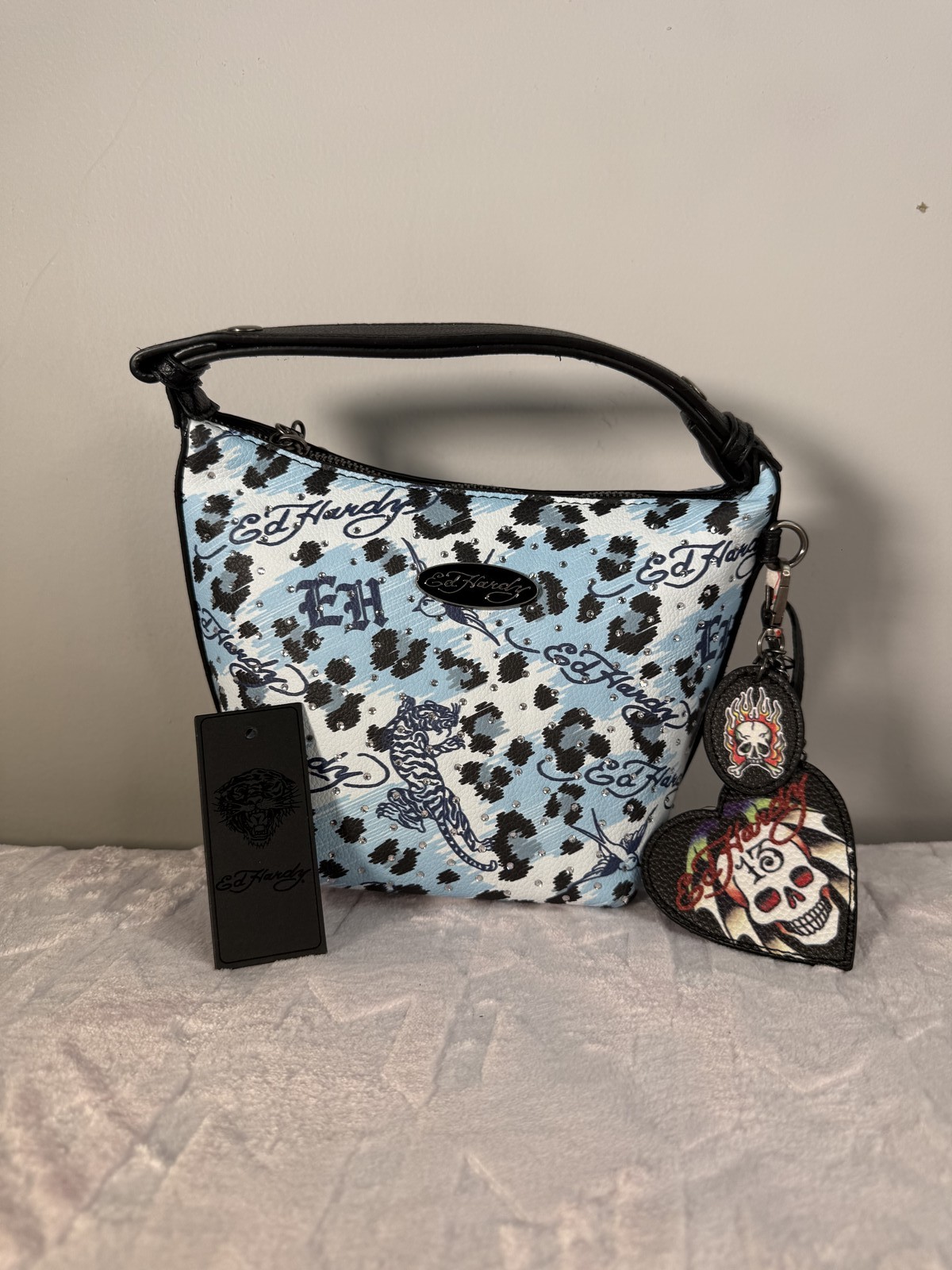 Ed Hardy light blue leopard tattoo print shoulder bag
