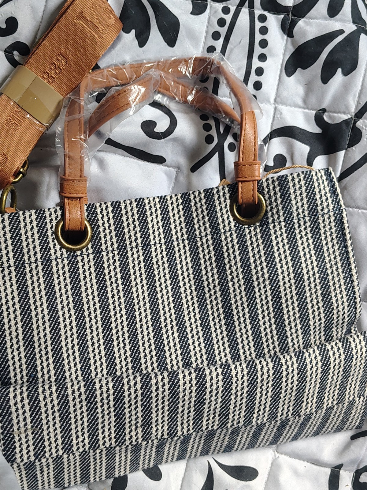 Lee Black & White Striped Small Tote Bag Brown Handles Detachable Strap Open