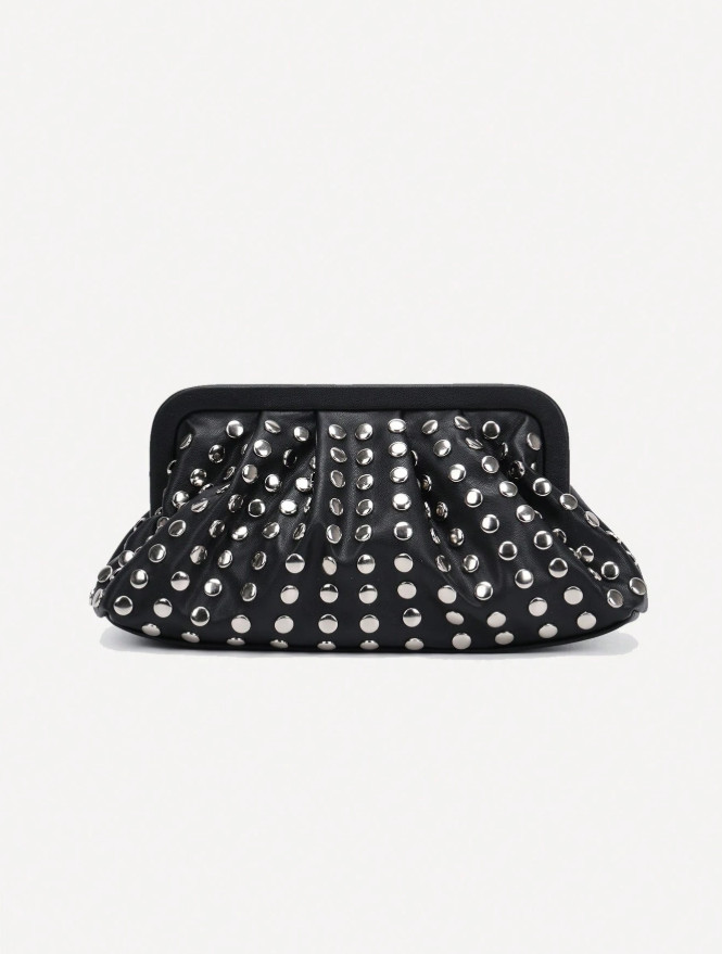 Women’s Black Studded Clutch Bag Retro Punk Gothic Evening Party Shoulder Purse