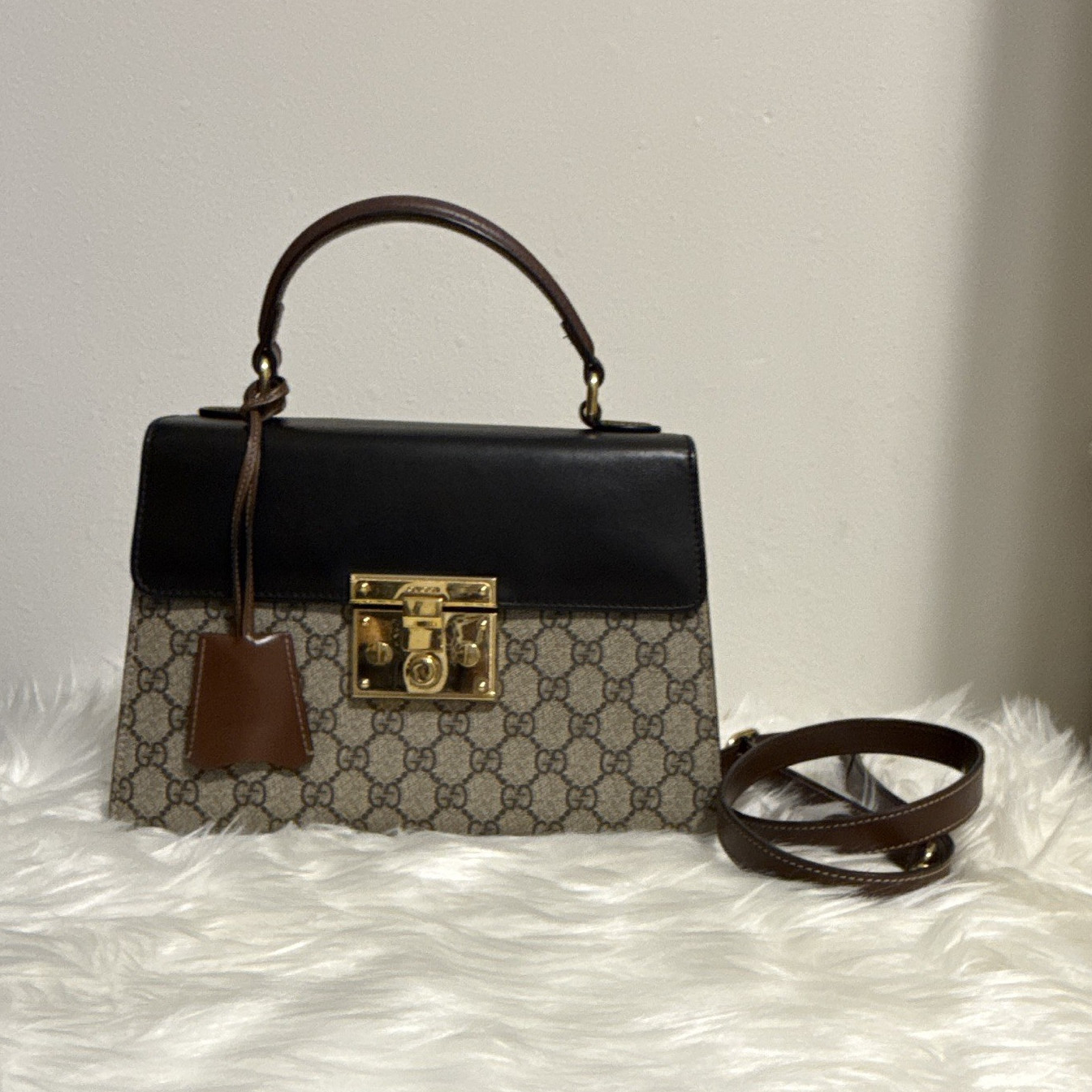 Gucci GG Top Handle Bag, Beige/Brown/Black, Gold Hardware, Lock, Strap
