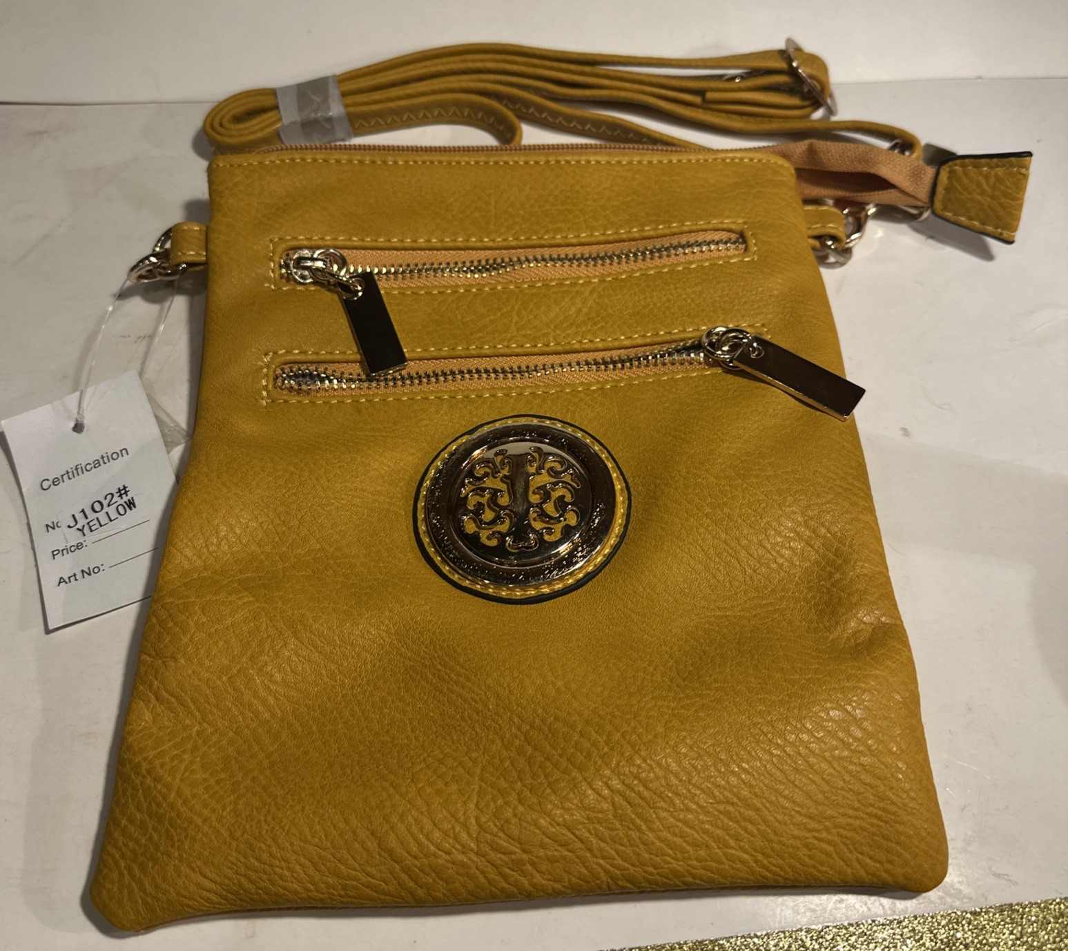 New Isabelle-like Crossbody Handbag/Purse, Yellow, Vegan with Medallion Accent