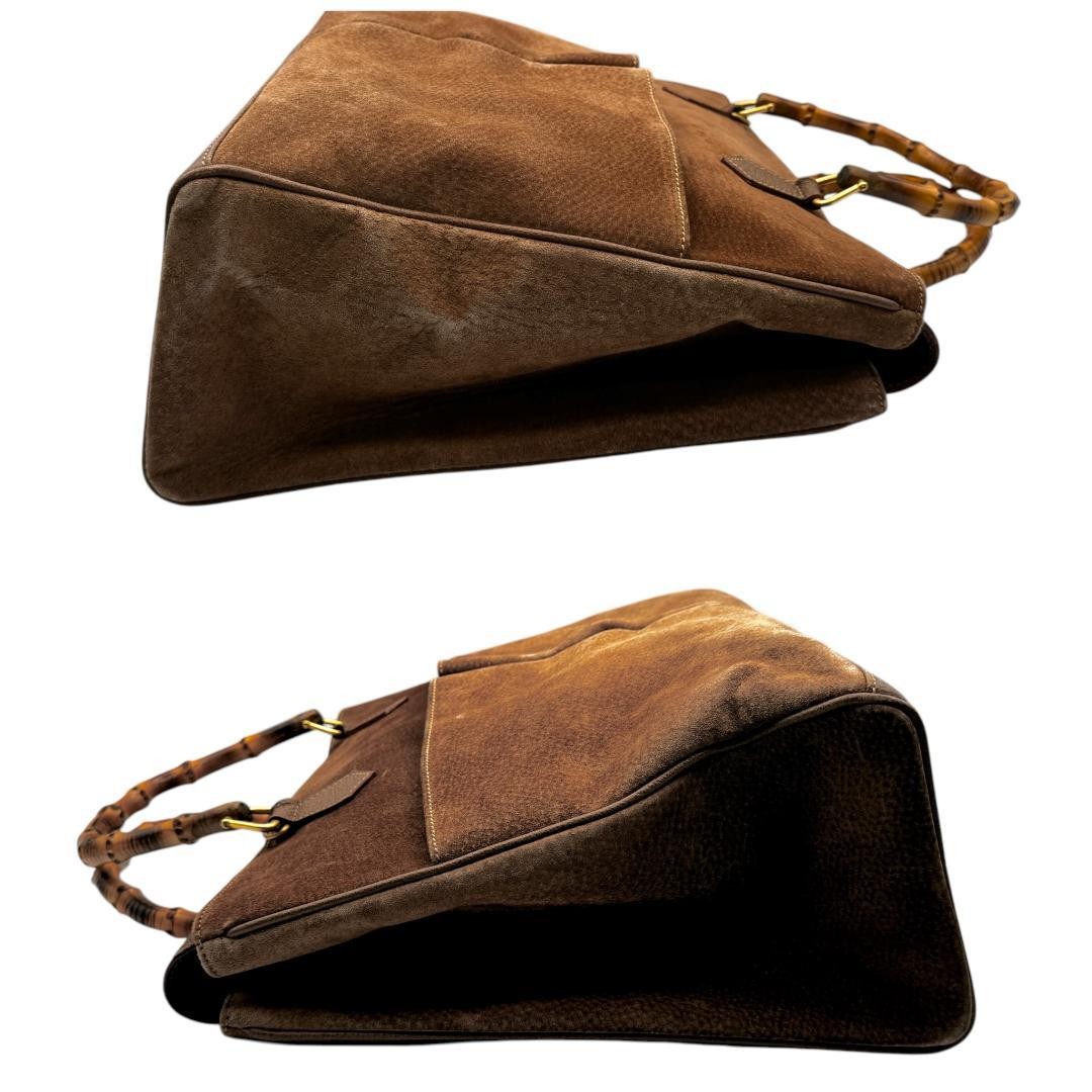 GUCCI Suede Leather Tote Bag Bamboo Handle Brown Large Capacity Pocket Authentic