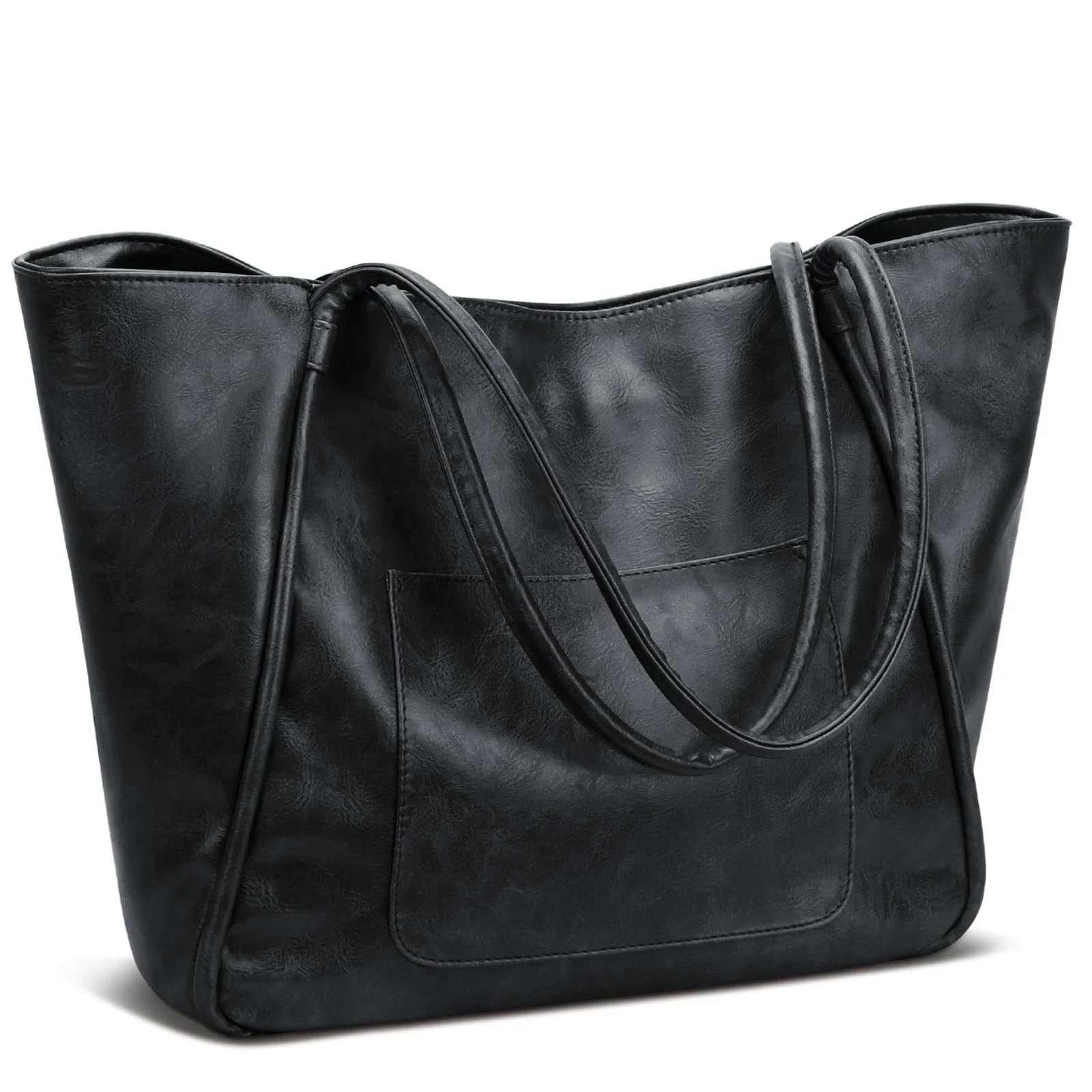 Large Leather Tote Bag for Women – Zipper Travel Purse – Black