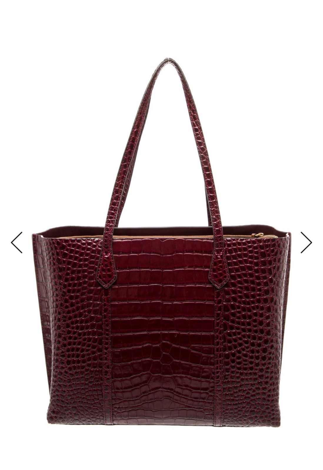 Tory Burch Perry Claret Croc Embossed Triple Compartment Zip Tote Bag Gold Logo