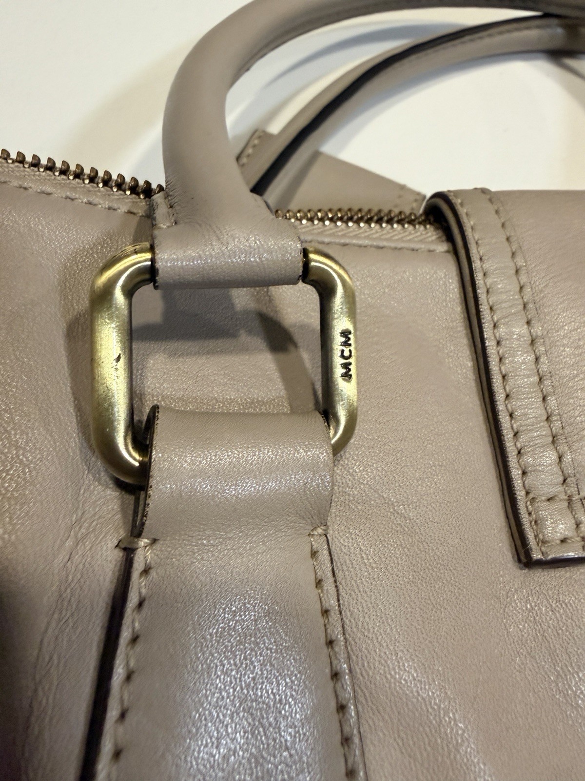 MCM Gray Logo Satchel Top Handle Zip Lined Inner Pockets Buckle Charm Gold