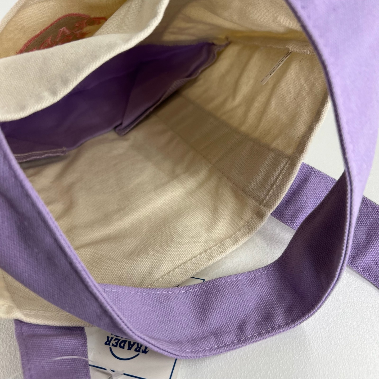 Trader Joes Mini Pastel Canvas Tote Bag Shopper Handbag Pocket Logo Purple Beige