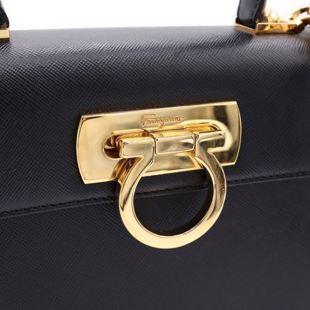 Ferragamo Gancini 2 way Handbag Shoulder Bag Black Leather Used c5f5f50b1977a676