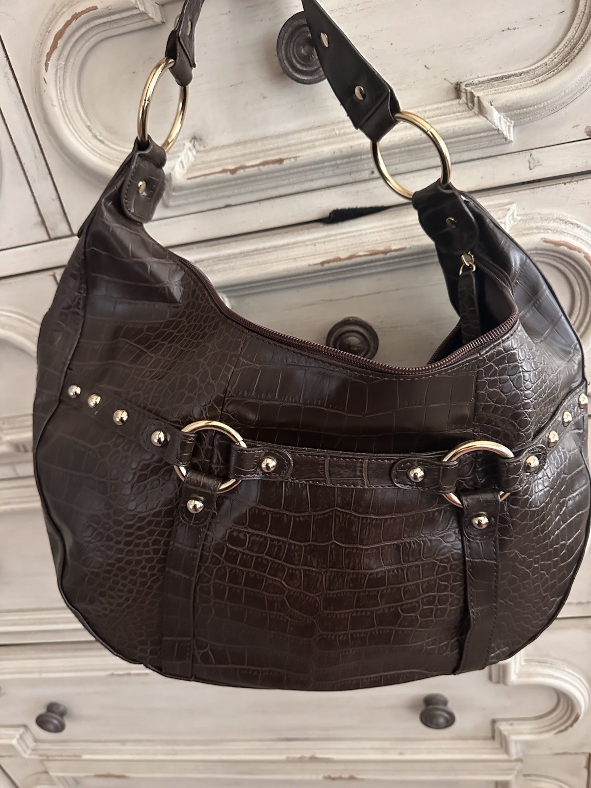 New 90s Brown Boho Croc Embossed Hobo Shoulder Bag Satchel Gold Hardware