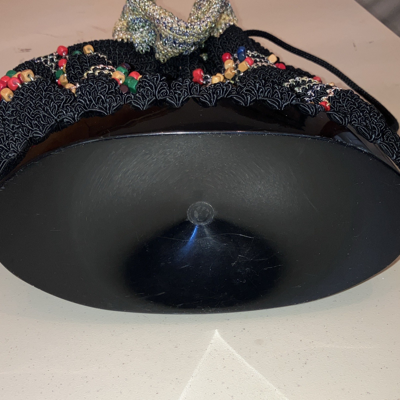 Beaded Drawstring Purse Black With Multicolored beads hard plastic bottom (K6)
