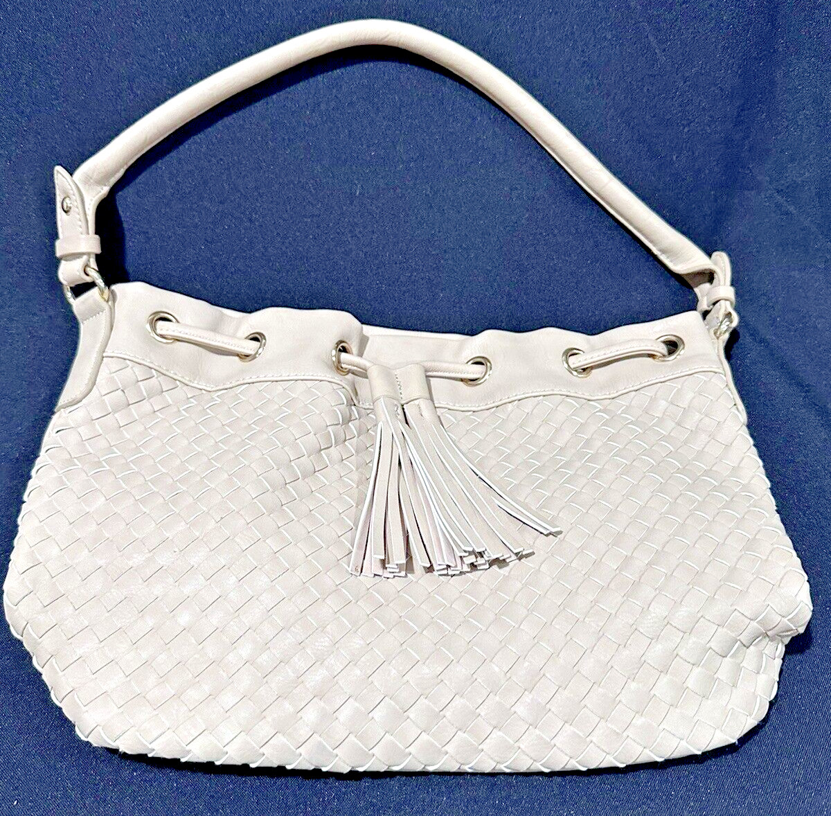 NICE Charming Charlie Tan Handbag Tassel Draw String 13″ x9″