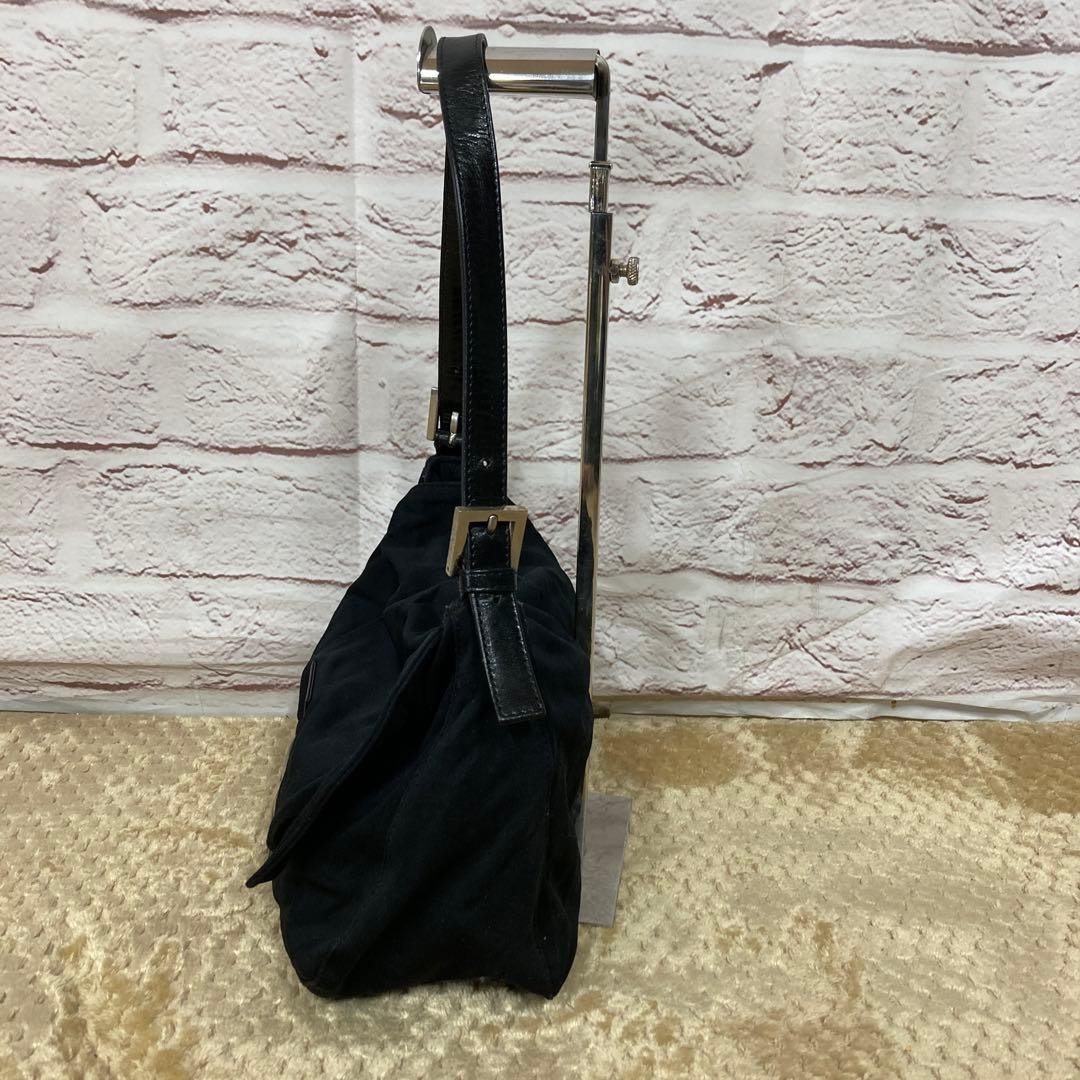 FENDI Mamma Bucket Shoulder Bag Flaplock Leather Jersey Black Silver Hardware