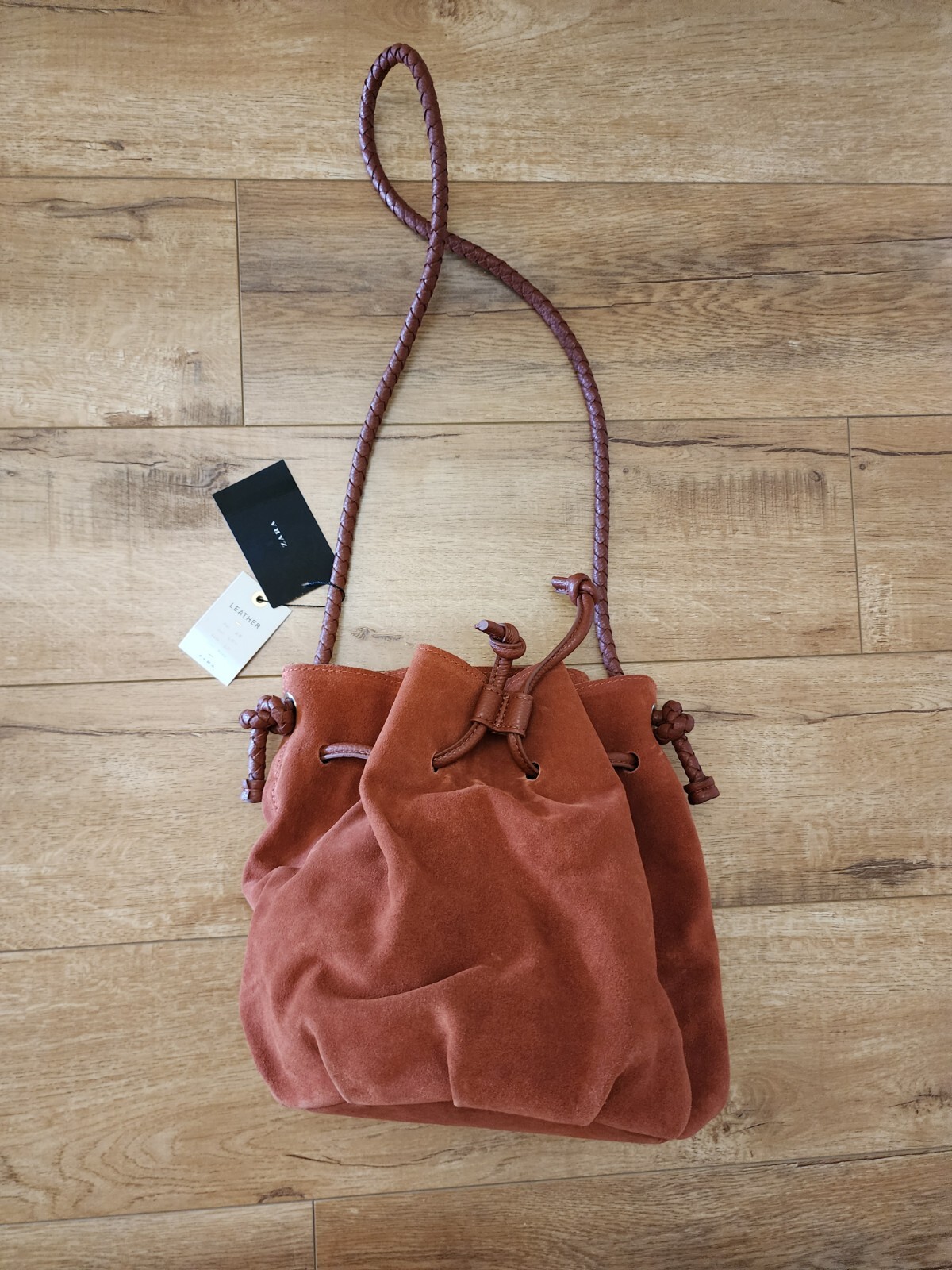 ZARA BNWT Rust BROWN Leather Suede SHOULDER BUCKET Bag M Braided Strap