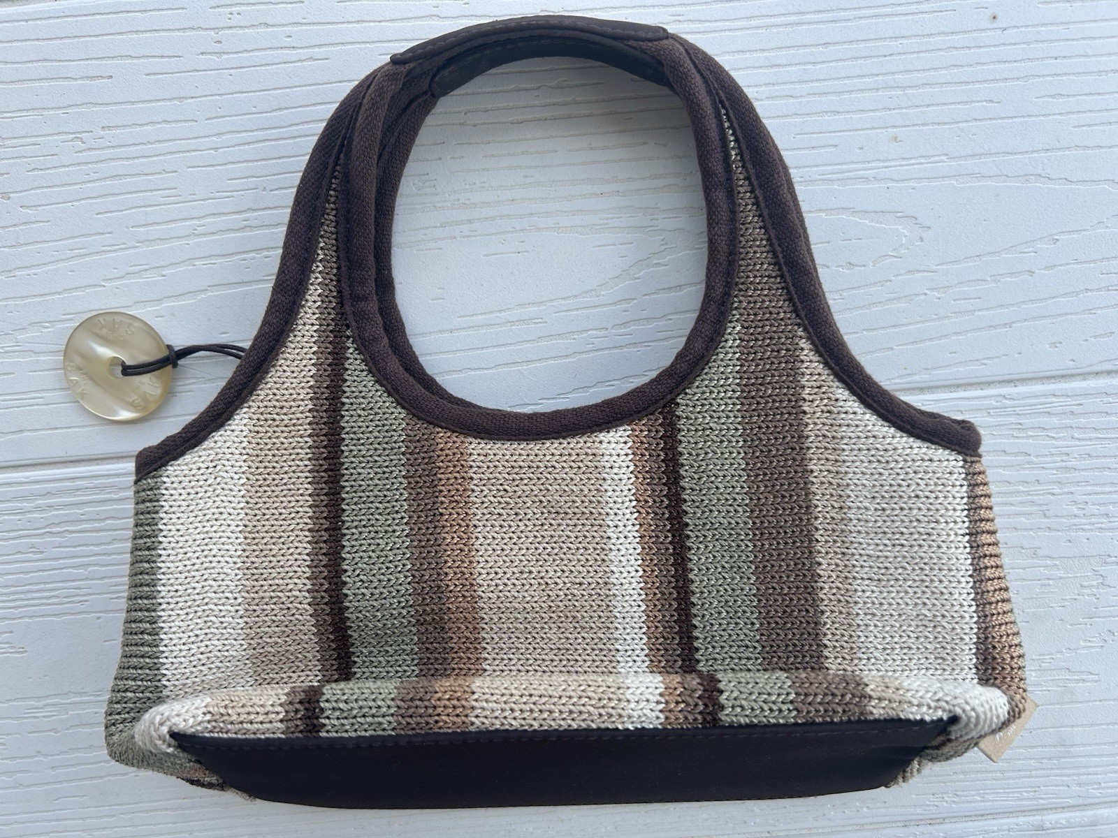 The Sak Oatmeal Crochet Knit Purse Hand Bag Lined Flap Closure Zip Pocket