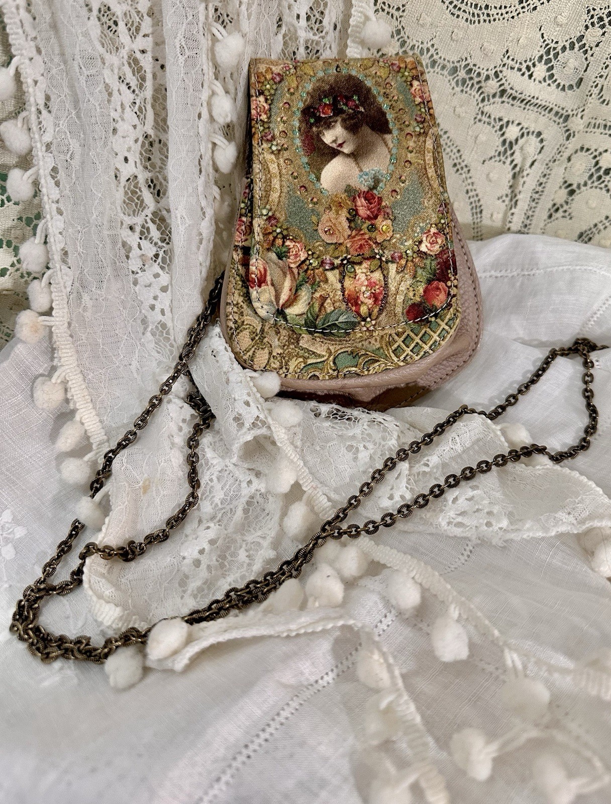 Michal Negrin printed leather w/Swarovski crystals cross body purse on chain