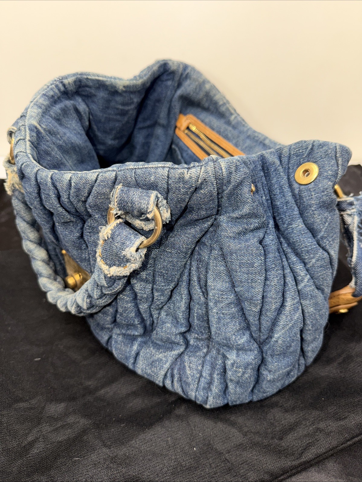 Miu Miu Bag Denim Purse Braided Quilted Small Handbag Gold Logo Hardware