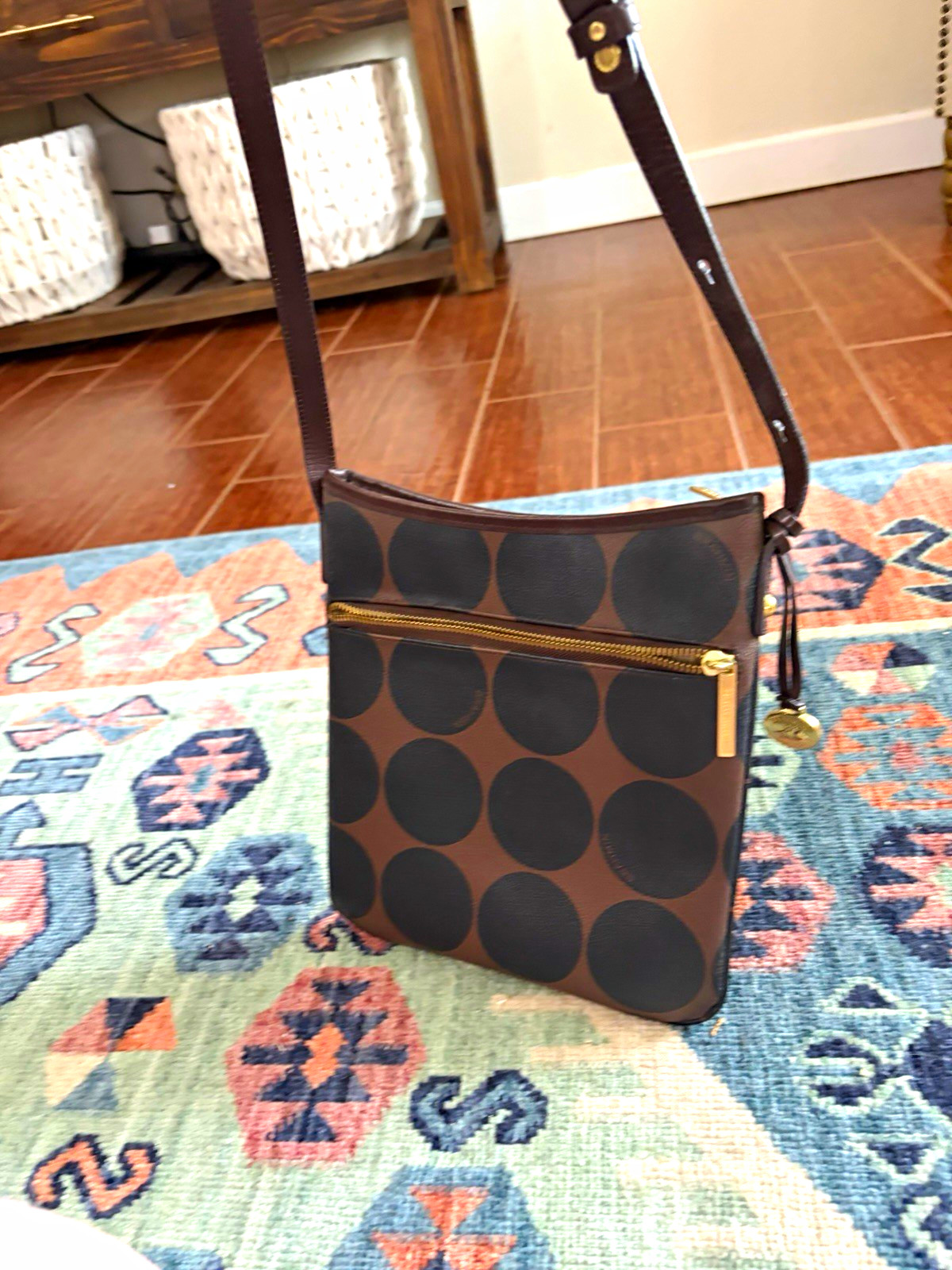 Brahmin Brown/Black Polka Dot Crossbody Bag Gold Hardware Zip Detach Strap