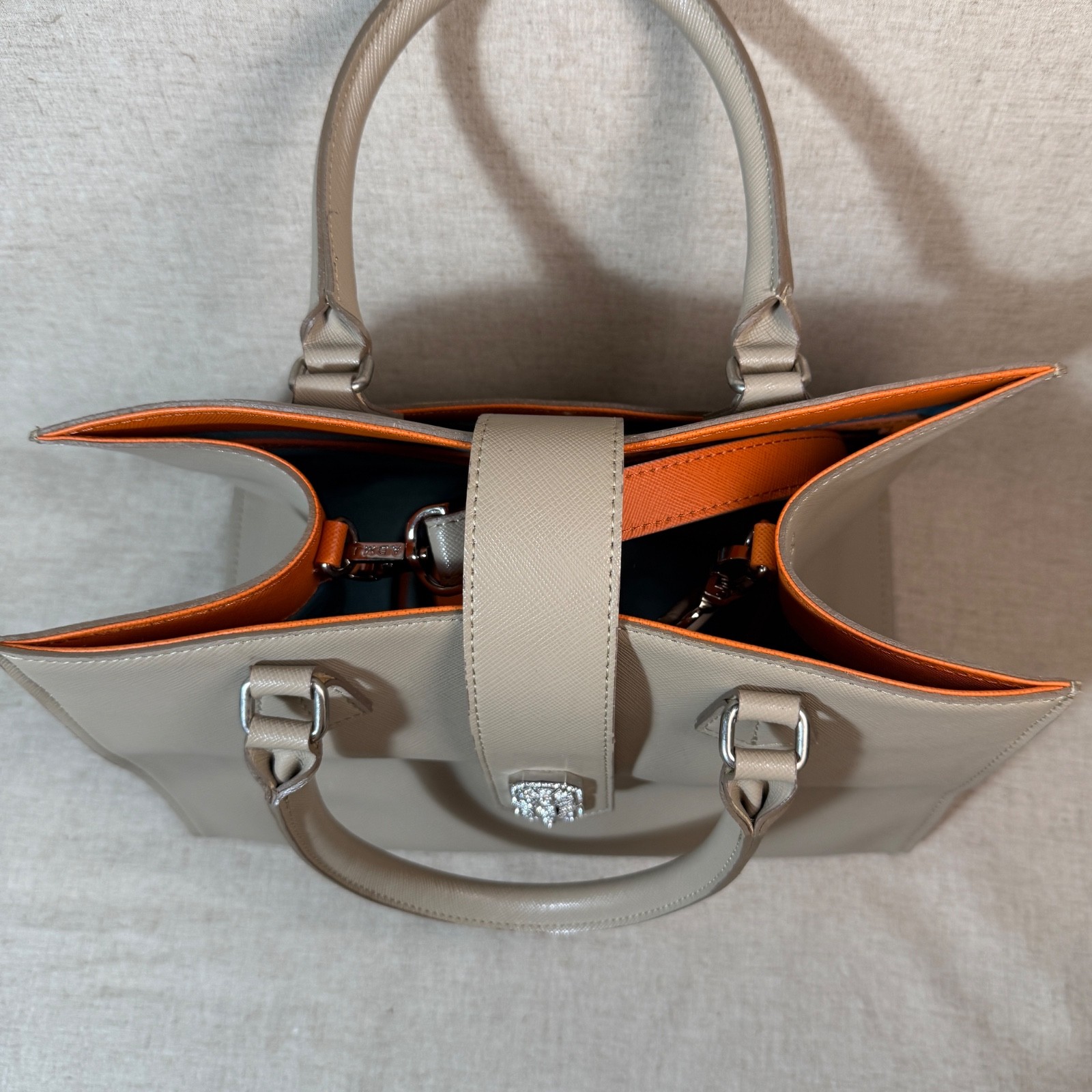 New Unused A.D.M.J. Leather Handbag Greige Swarovski Cow Leather Made in Japan