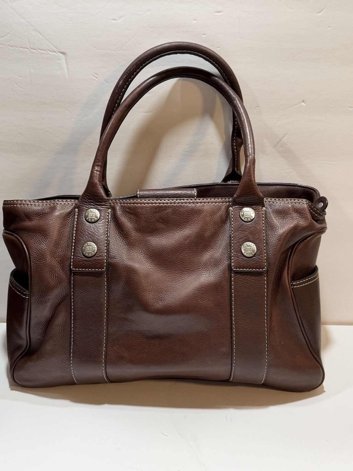 Michael Kors Greenwich Work Tote Genuine Leather Coffee Brown READ