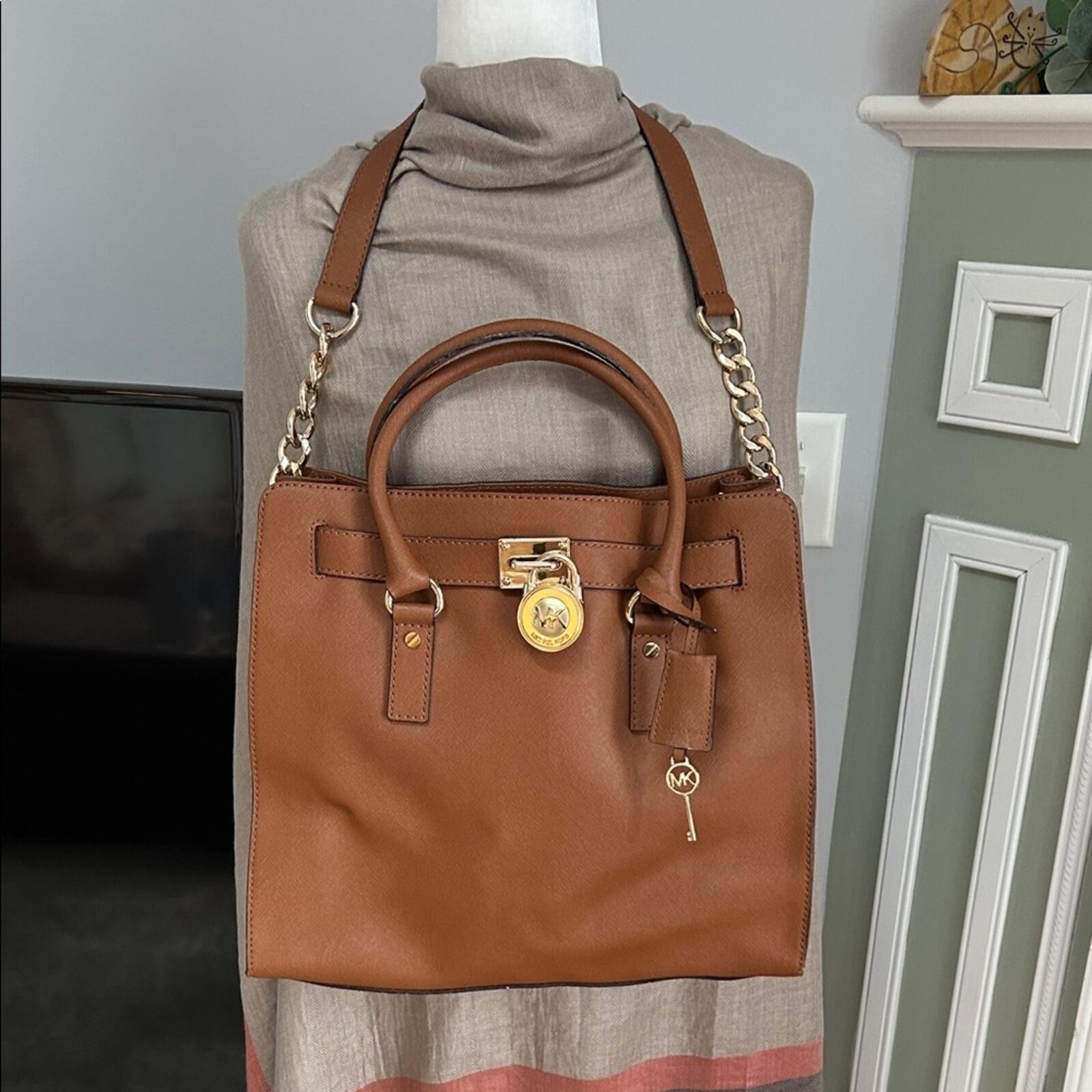 Michael Kors Brown Leather Hamilton Satchel with Gold Details