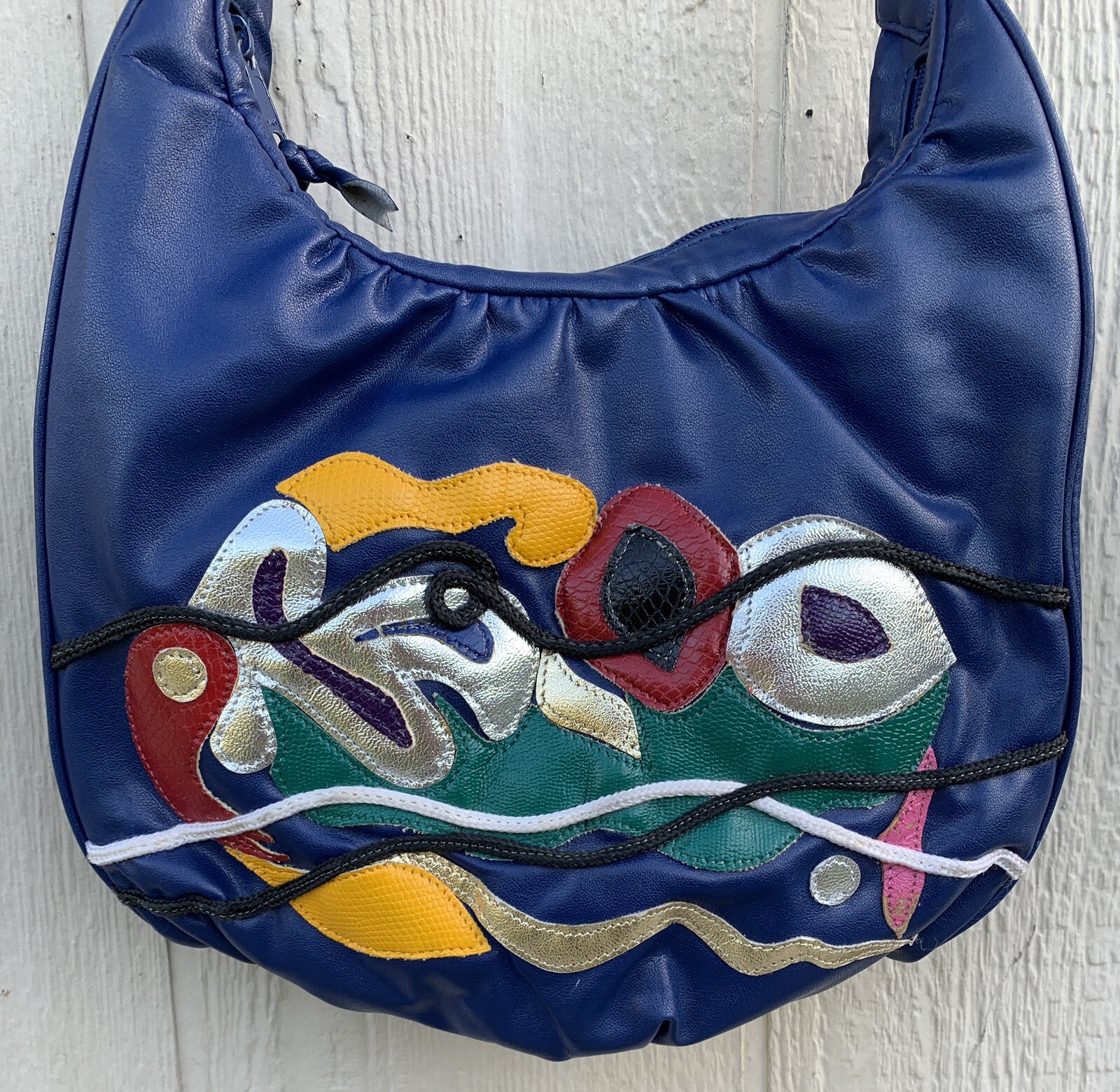 vintage geometric purse shoulder bag blue with multicolor faux leather 80s Style