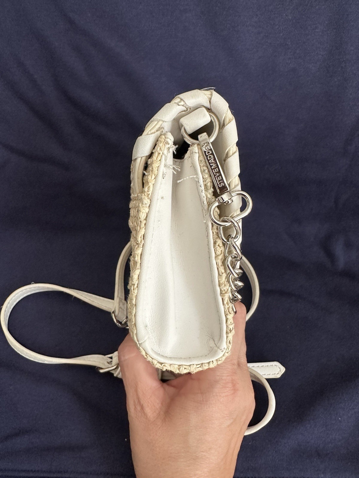 Steve Madden Blynn bone white raffia straw perforated crossbody bag