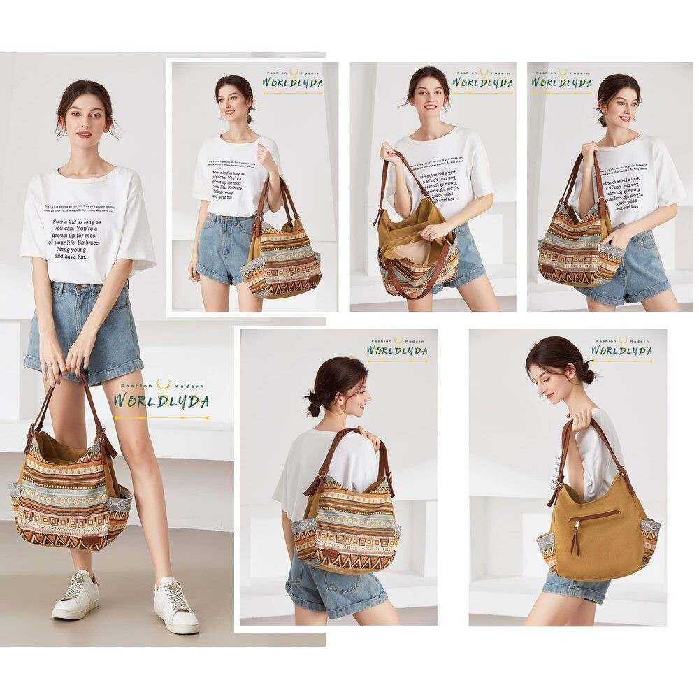 WORLDLYDA CANVAS Embroidered Tapestry Hobo Tote Bag Boho Aztec Tan, Lt blue