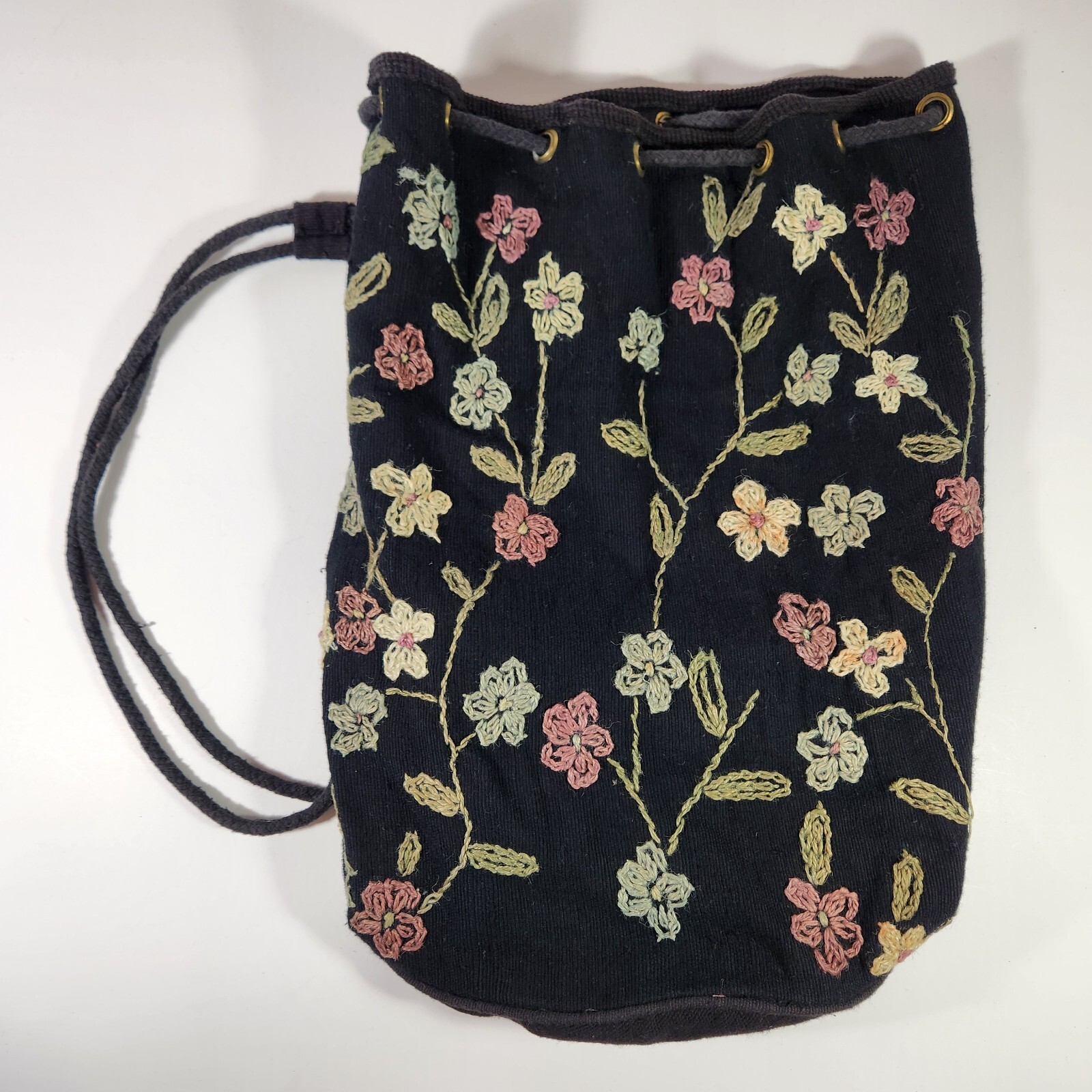 Vintage Embroidered Drawstring Bucket Backpack Black Floral Print Boho Hippie