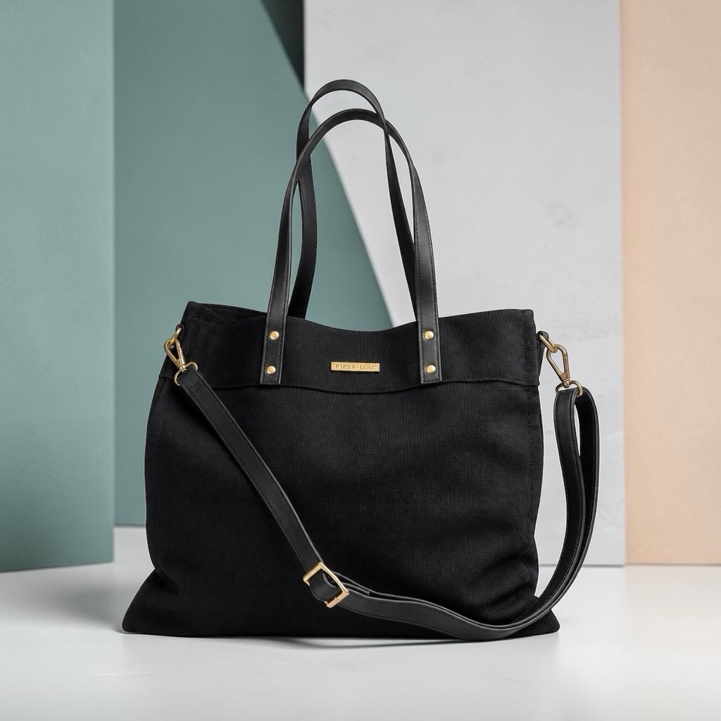Ralph Lauren Black Tote Bag Double Handles Detachable Adjustable Strap Gold