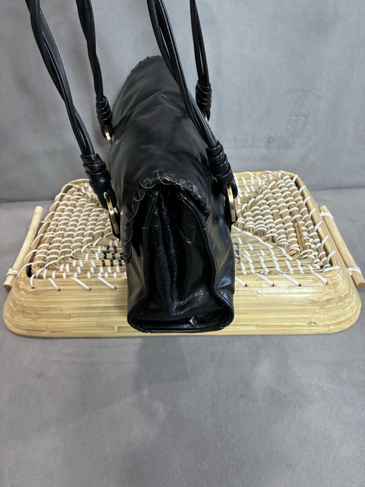 Worthington Black Genuine Leather Shoulder Bag Braided Strap Flap Handbag