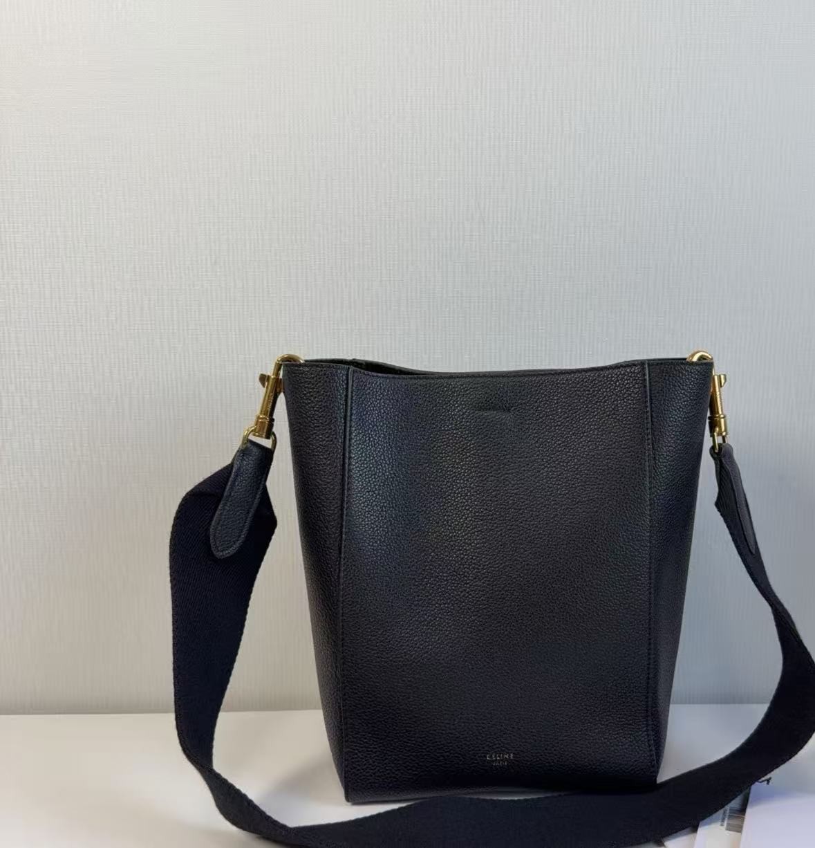 CELINE Sangle Bucket Black Grained Calfskin Leather Shoulder Bag Gold