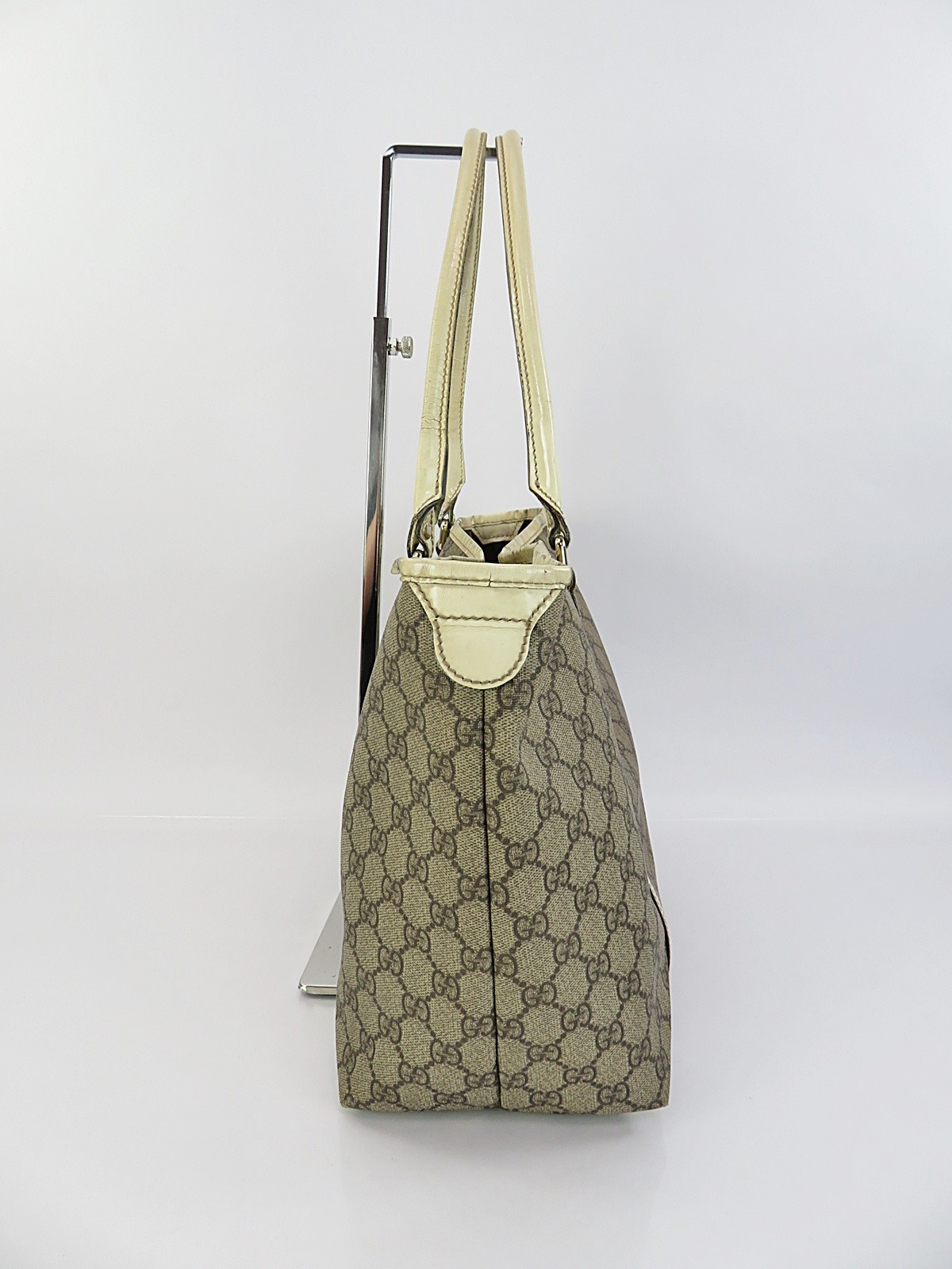 Auth GUCCI Joy Brown GG PVC Canvas and Off-White Leather Supreme Tote Bag #64223