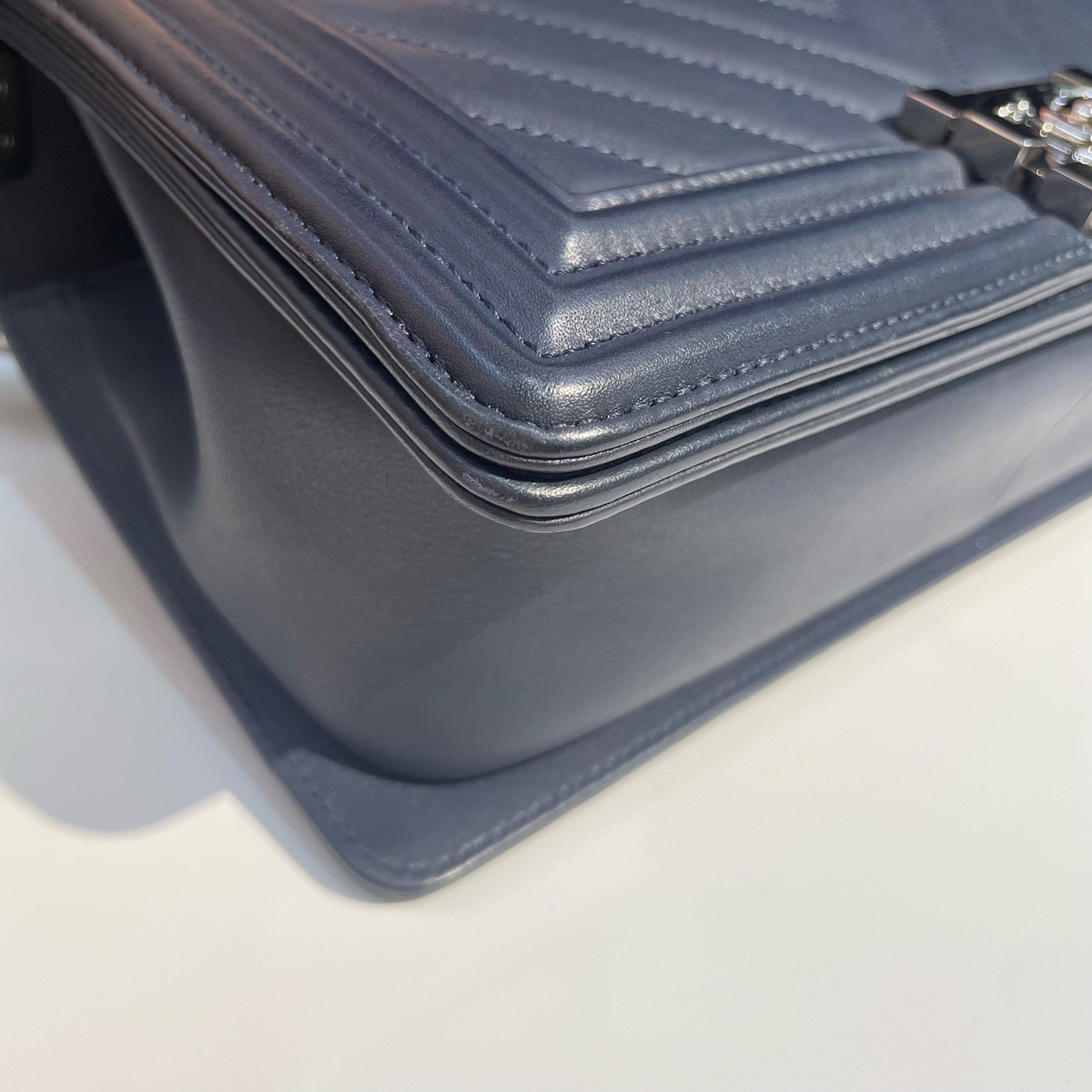 Chanel Le Boy Chevron Calfskin Blue Medium Shoulder Bag Silver Hardware