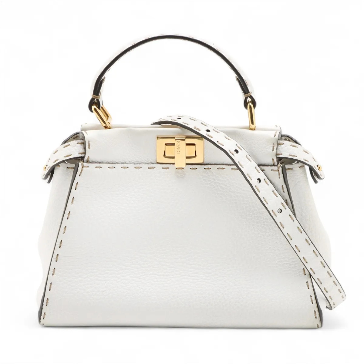 Fendi Selleria Mini Peek-a-boo Leather 2 Way Handbag White 8BN244