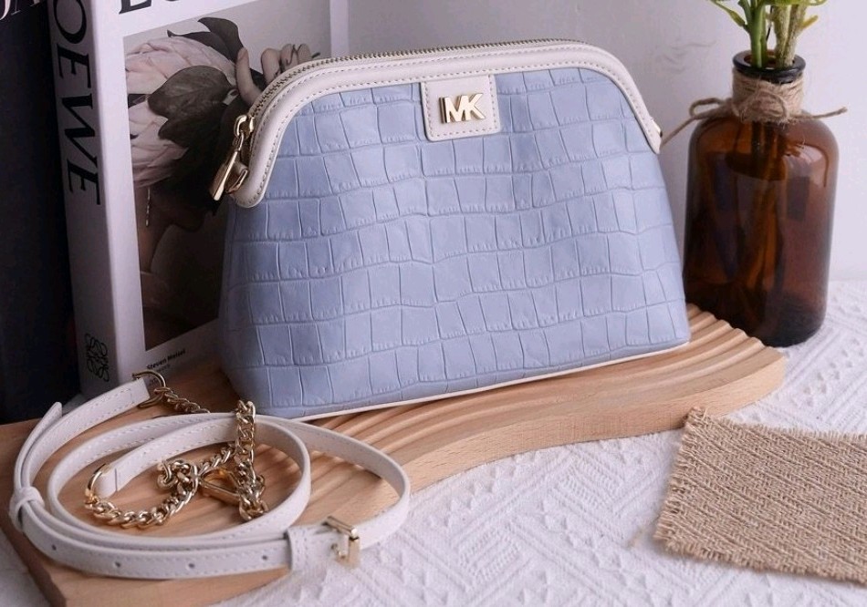 Michael Kors Authentic* Light Blue Croc-Embossed Crossbody Satchel W/ White Trim