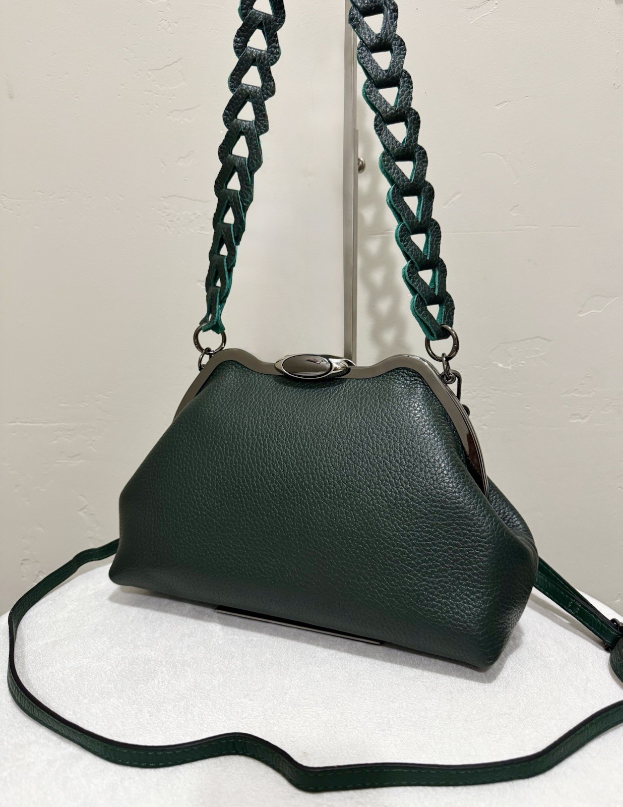 Dark Green Premium Togo Calfskin Handmade Custom Metal Frame Handbag & 2 Straps