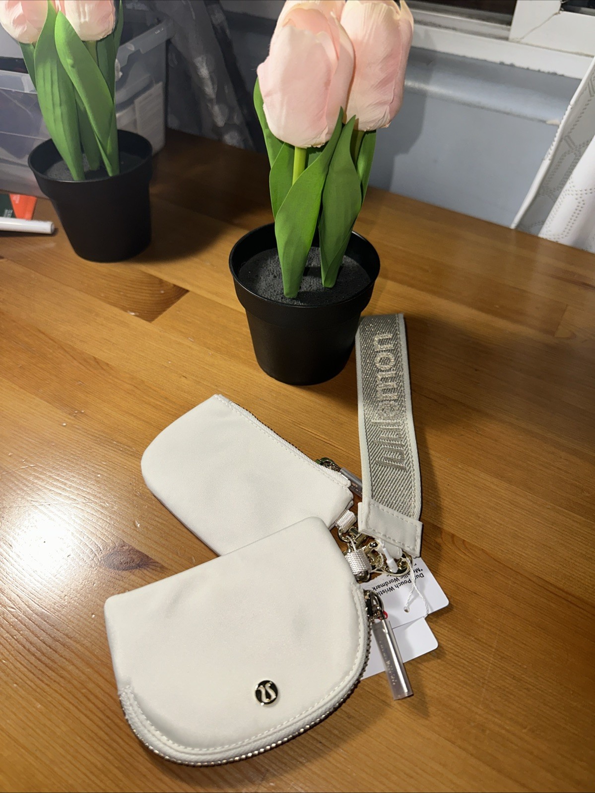 Authentic Lululemon Dual Pouch Wristlet Metallic Wordmark Light Ivory NWT