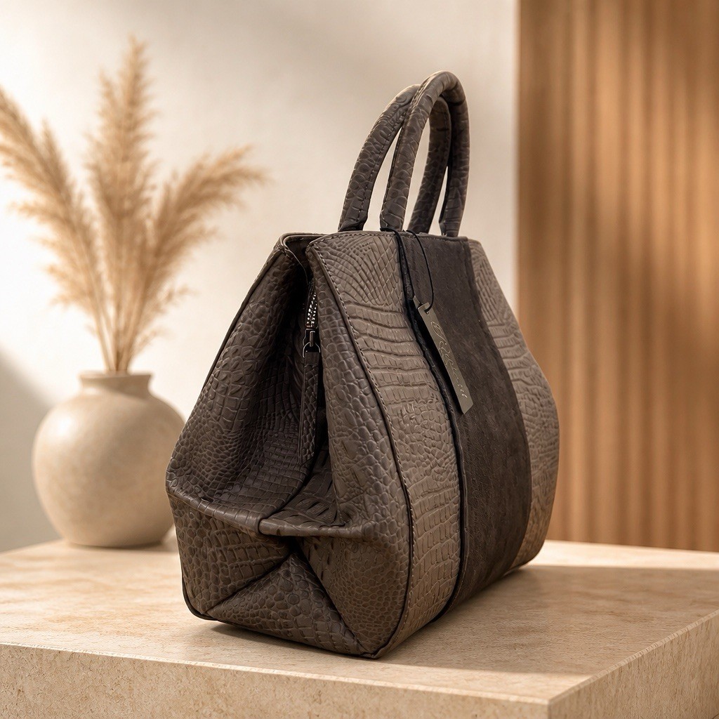 Raviani Satchel Bag in Gray Crocodile & Gray Calfskin Leather