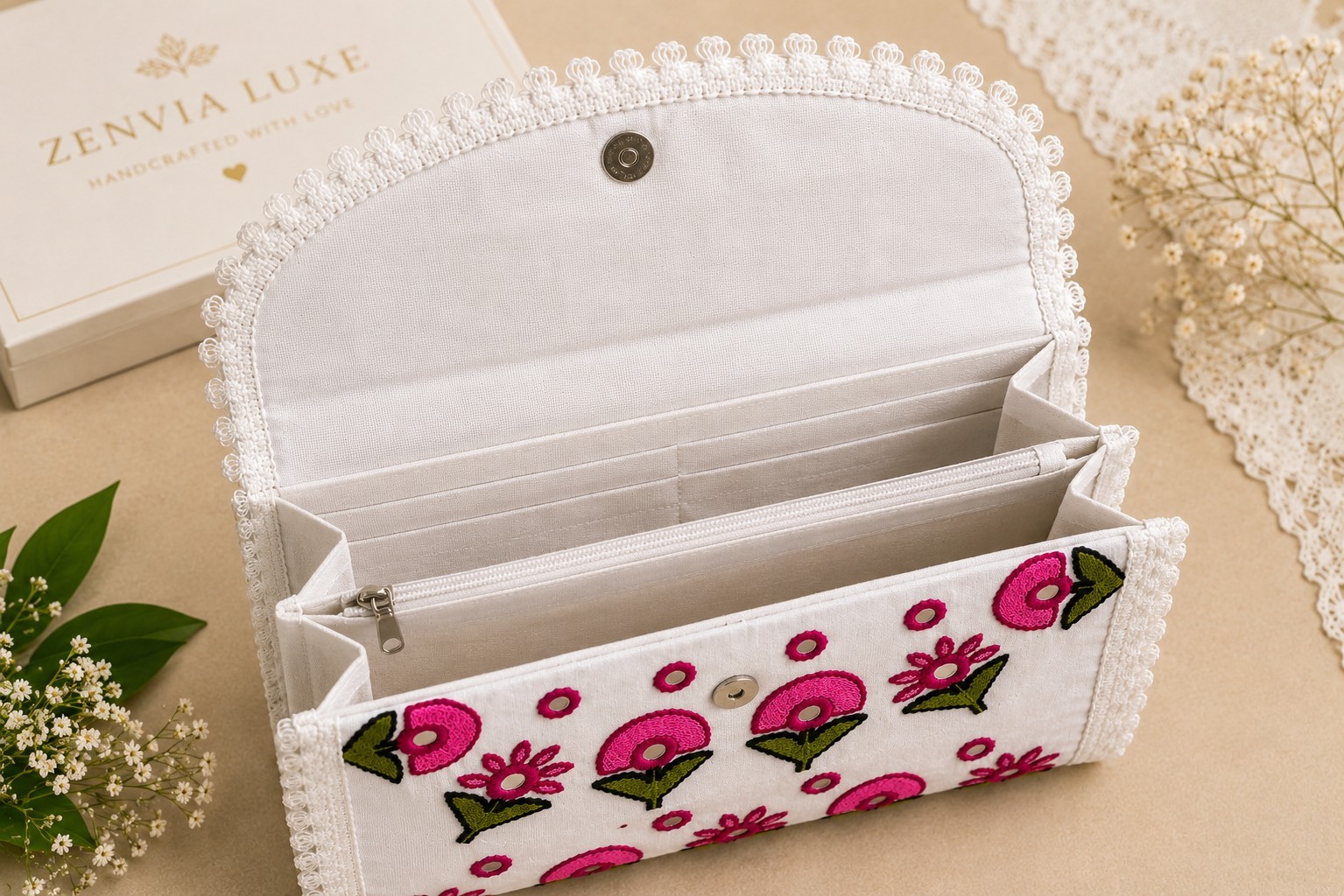 Handmade Embroidered White Clutch Bag Pink Floral Crossbody Evening Purse