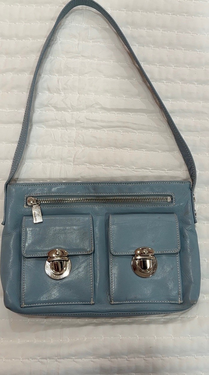 Perlina Vintage Light Blue Shoulder Bag Silver Hardware Turn Lock Zipper Accents