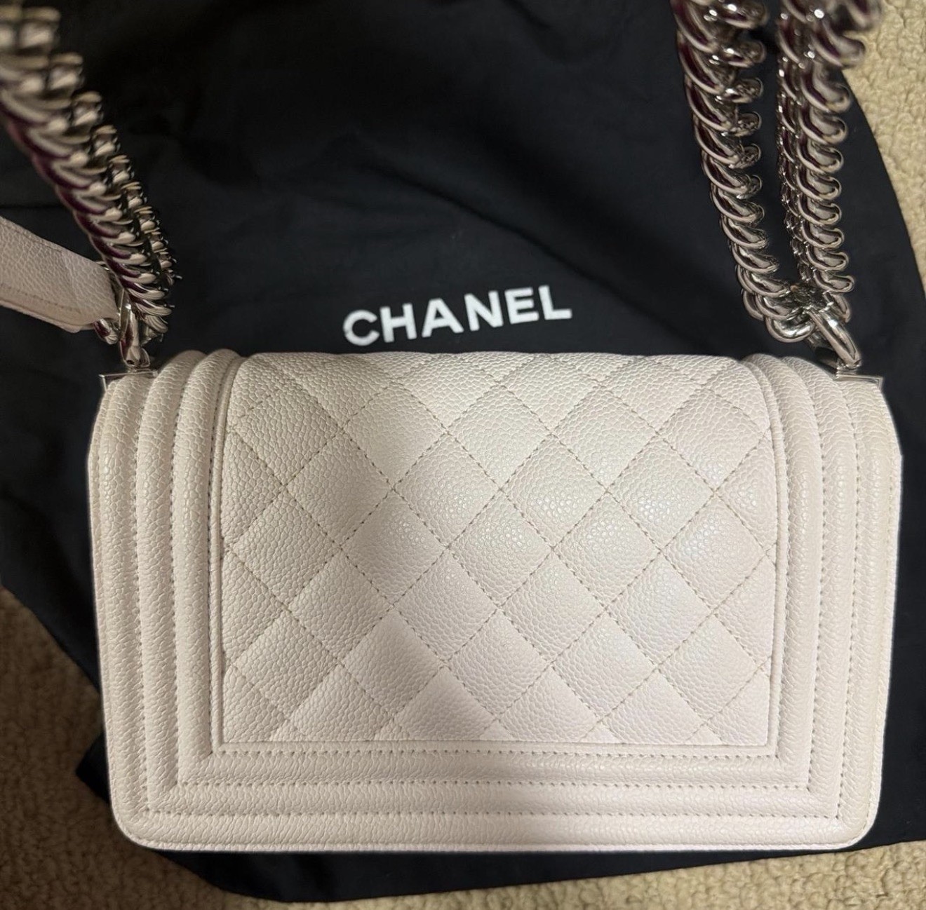 CHANEL Boy Small White Quilted Shoulder Bag Silver Chain Push Lock w/ COA Caviar