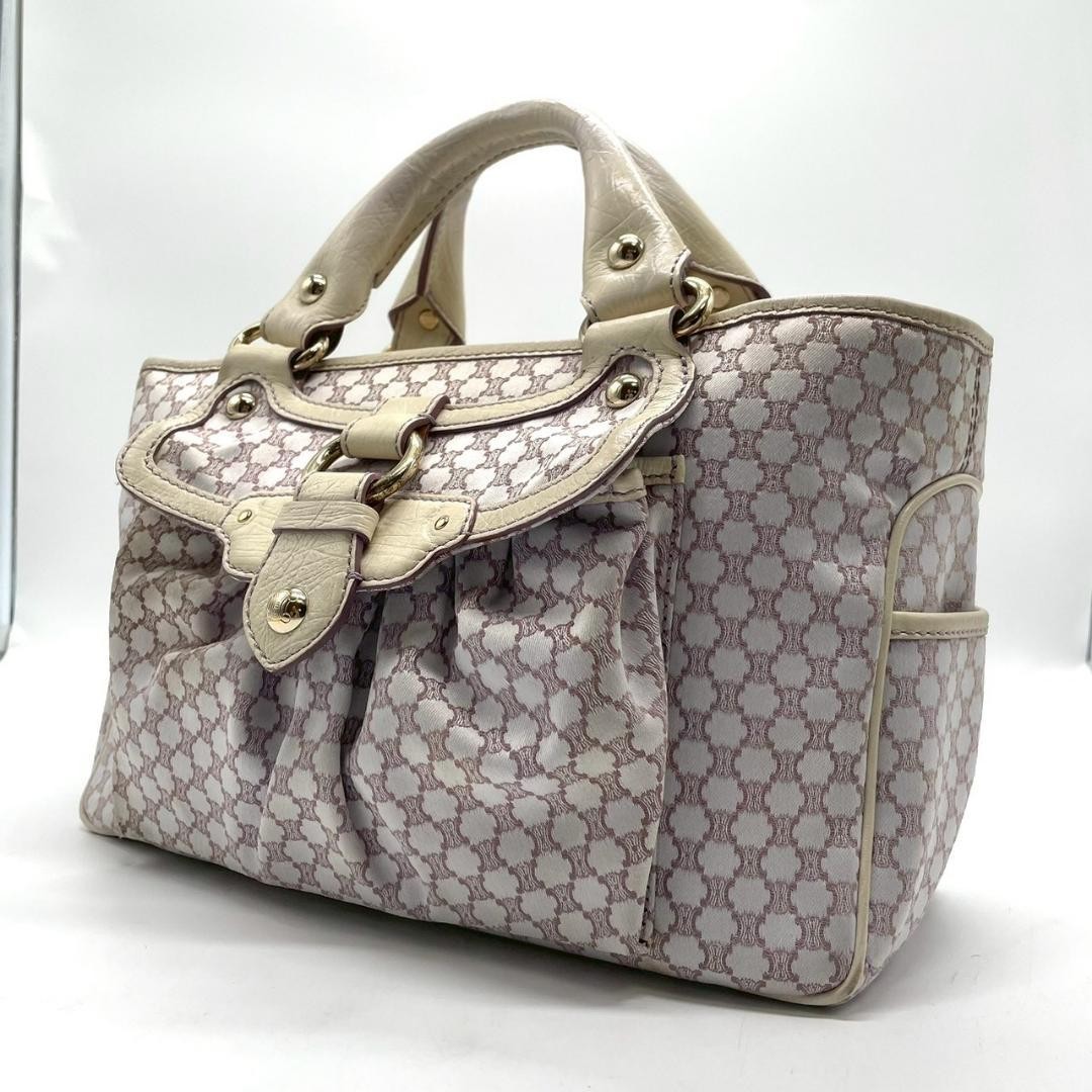 CELINE Macadam Boogie Bag Triomphe Handbag Purple Beige Leather Canvas Auth