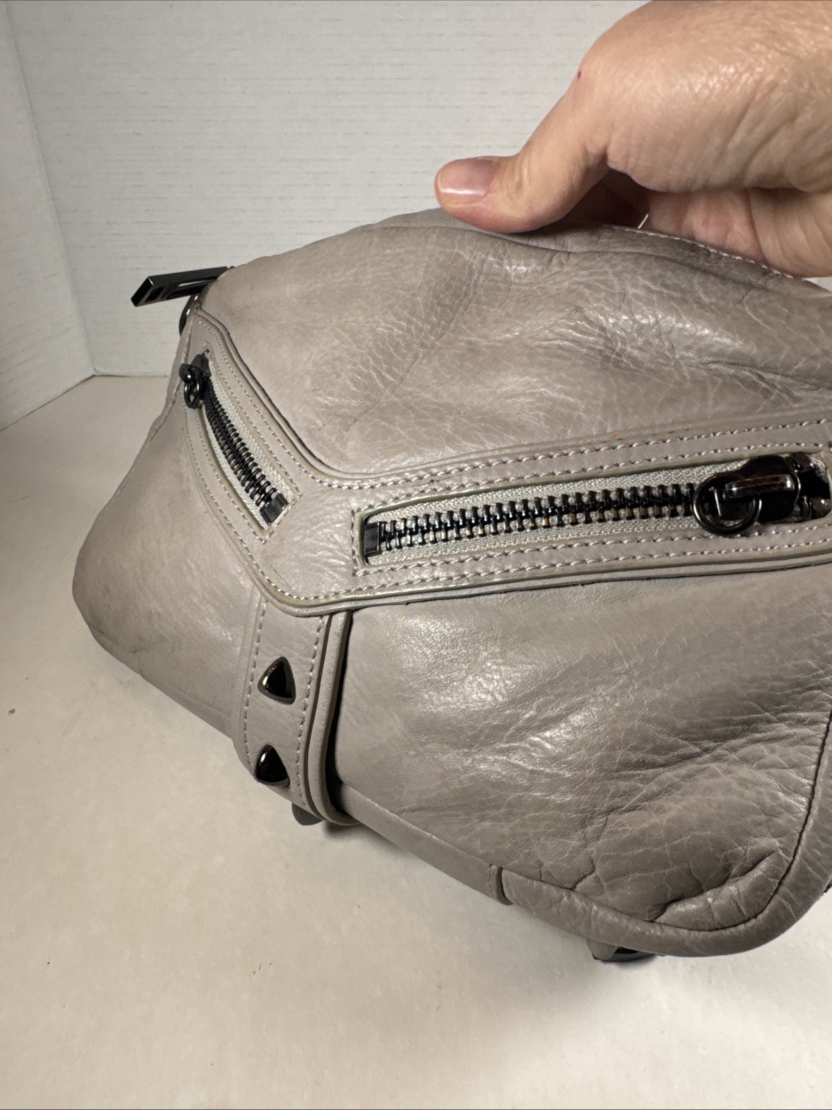 Botkier Brand Trigger Distressed Gray Leather Studded Zip Crossbody Detach Strap