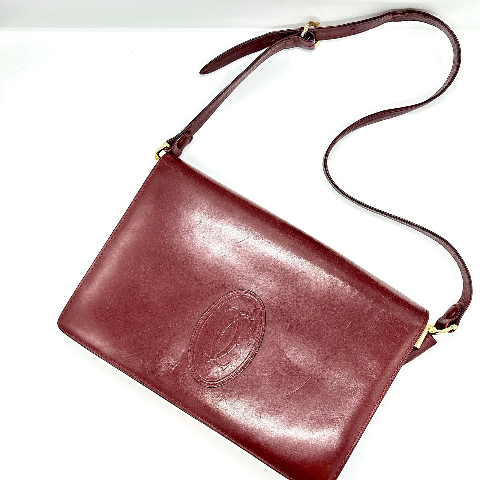 Auth Cartier Must de Bordeaux Burgundy Leather Shoulder Bag Vintage Gold France