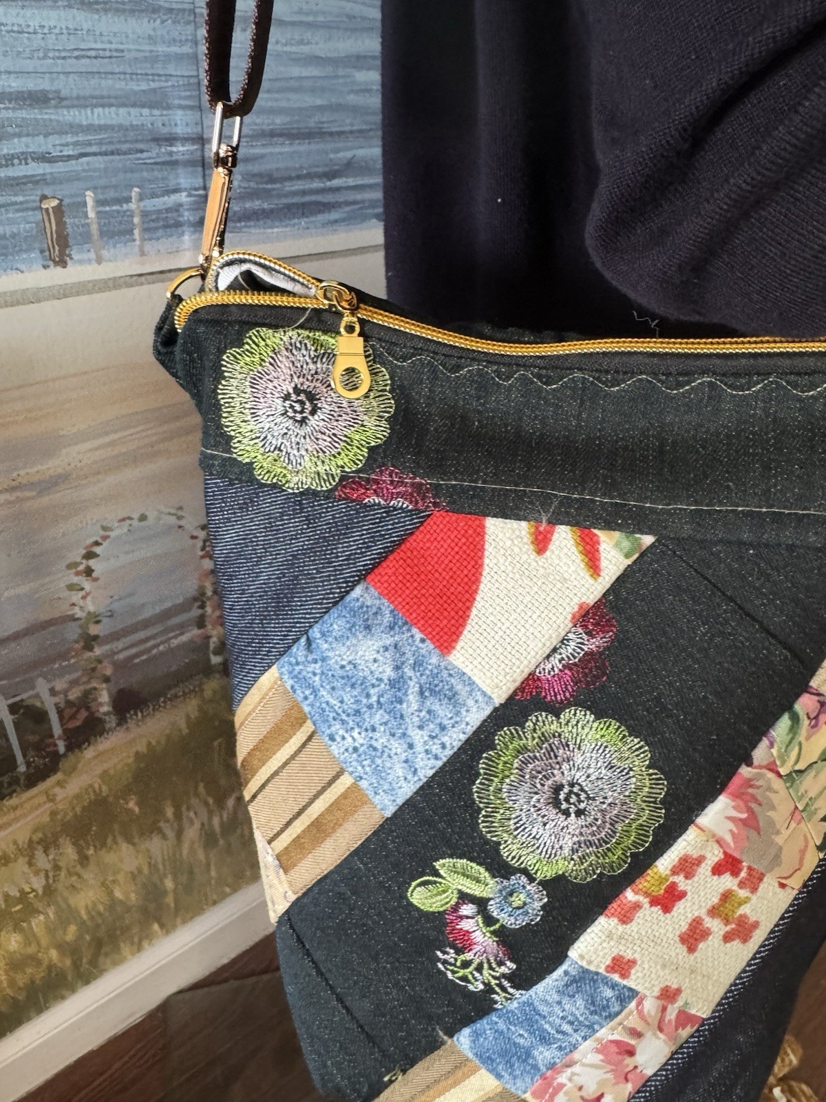 Handmade Denim Quilted Handbag Navy Blue On Blue Fkowers 262-11